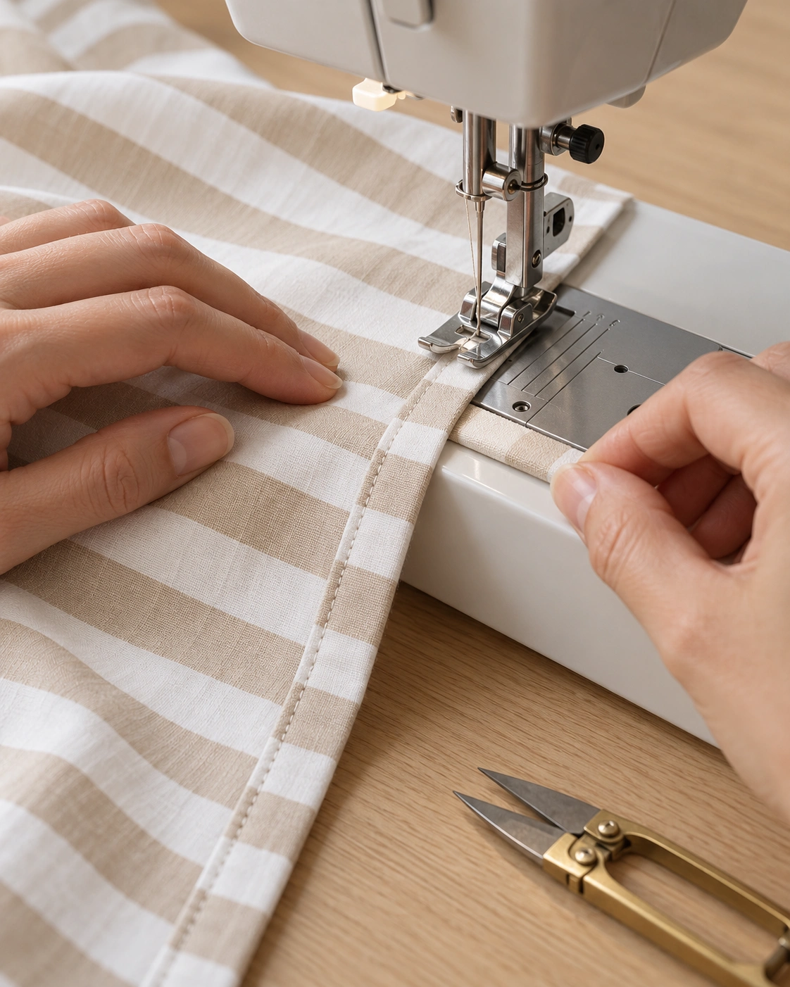 Hands guiding a folded hem of beige-and-white striped cloth under a sewing machine foot, brass snips beside