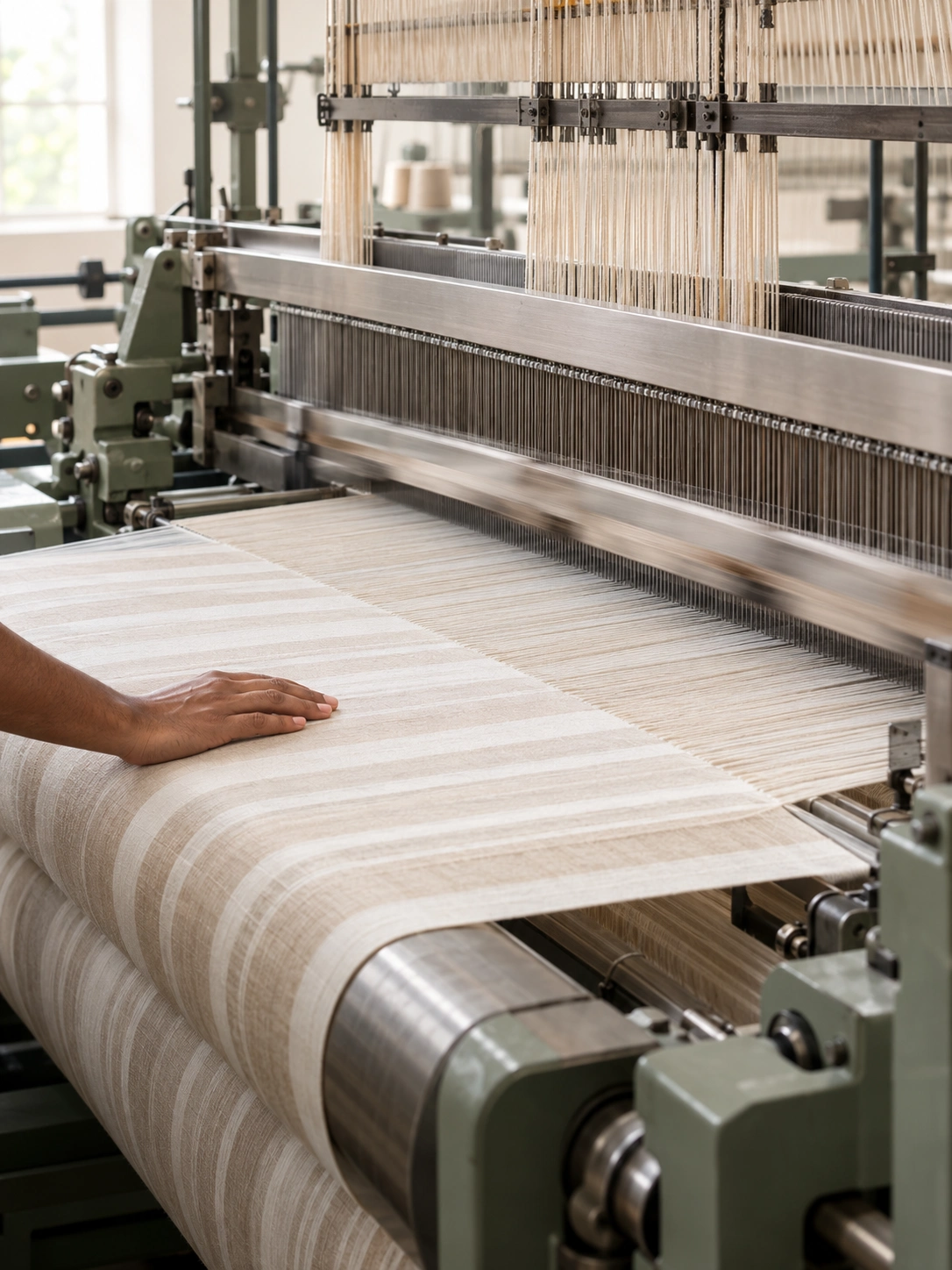 Hands threading beige and white warp yarns on a wooden loom, a shuttle resting below