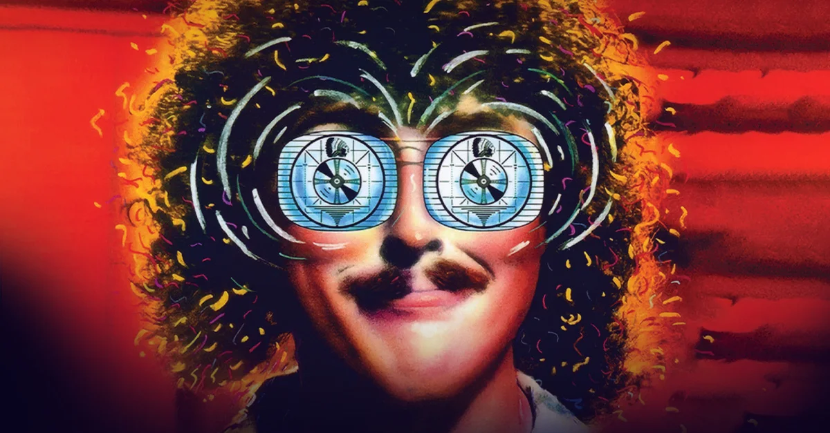 Illustrated man with curly hair and a mustache wearing oversized glasses reflecting TV screens, on a vivid red background.