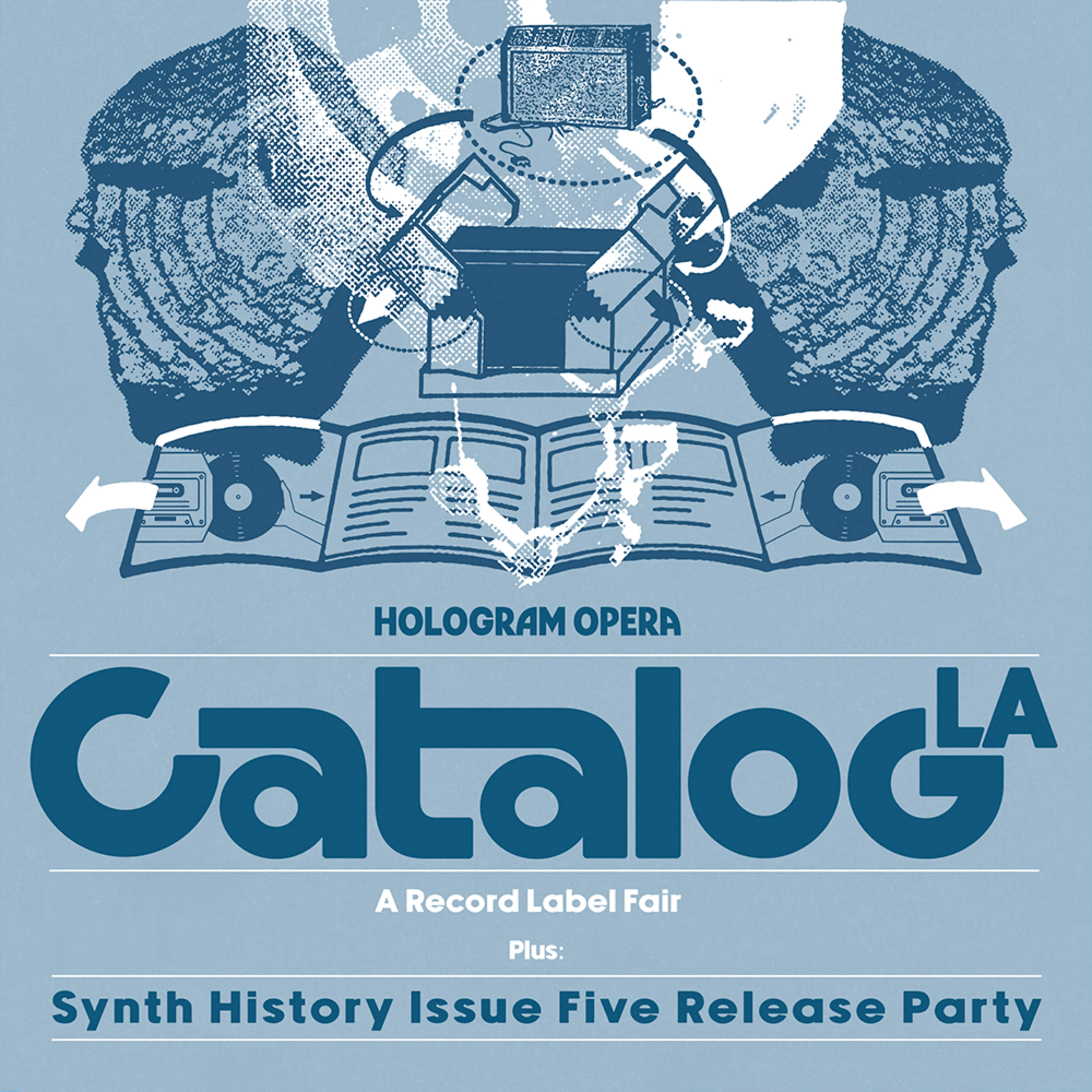 Blue poster for Hologram Opera, KCRW & Synth History's Catalog LA record fair featuring DJ sets and panels on November 9th, 12-6pm at Revenge Of.
