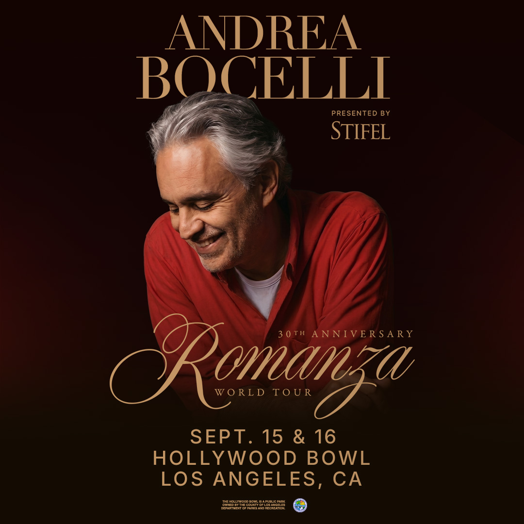 Andrea Bocelli Romanza 30th Anniversary World Tour concert poster for Hollywood Bowl, Los Angeles, Sept. 15 & 16.