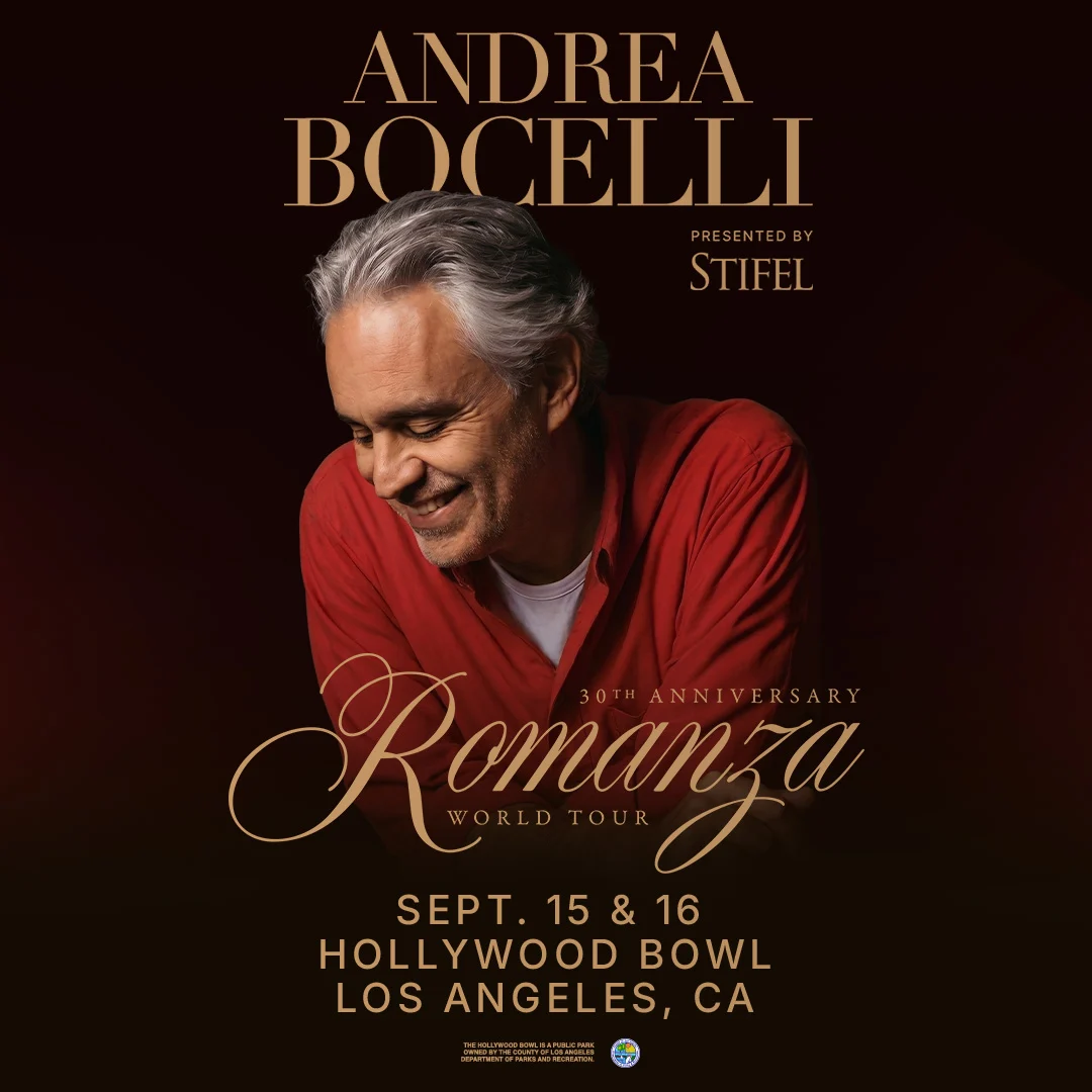 Andrea Bocelli Romanza 30th Anniversary World Tour concert poster for Hollywood Bowl, Los Angeles, Sept. 15 & 16.