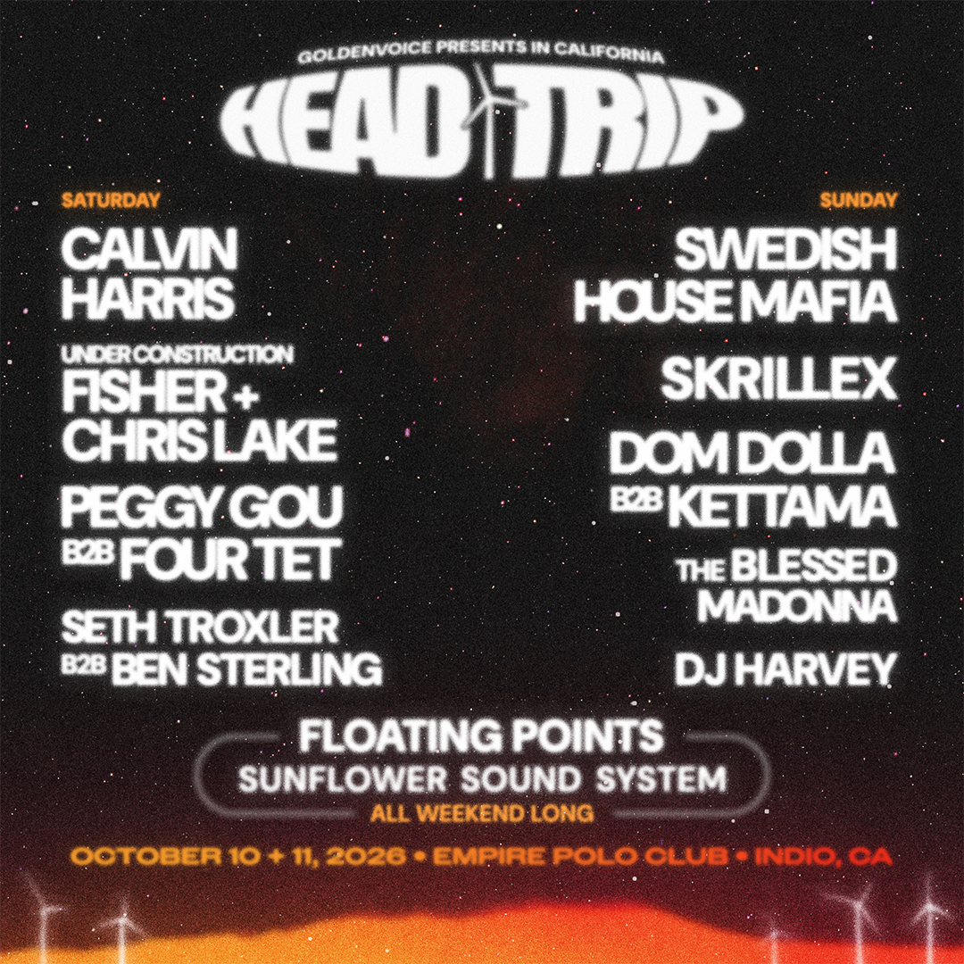 Head Trip festival lineup poster for October 10-11, 2026 at Empire Polo Club, Indio, CA, featuring Calvin Harris and Skrillex.