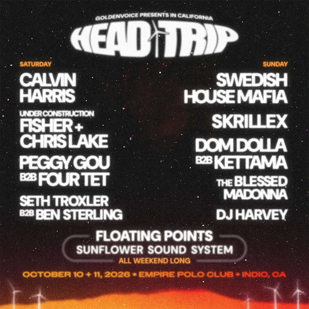 Head Trip festival lineup poster for October 10-11, 2026 at Empire Polo Club, Indio, CA, featuring Calvin Harris and Skrillex.