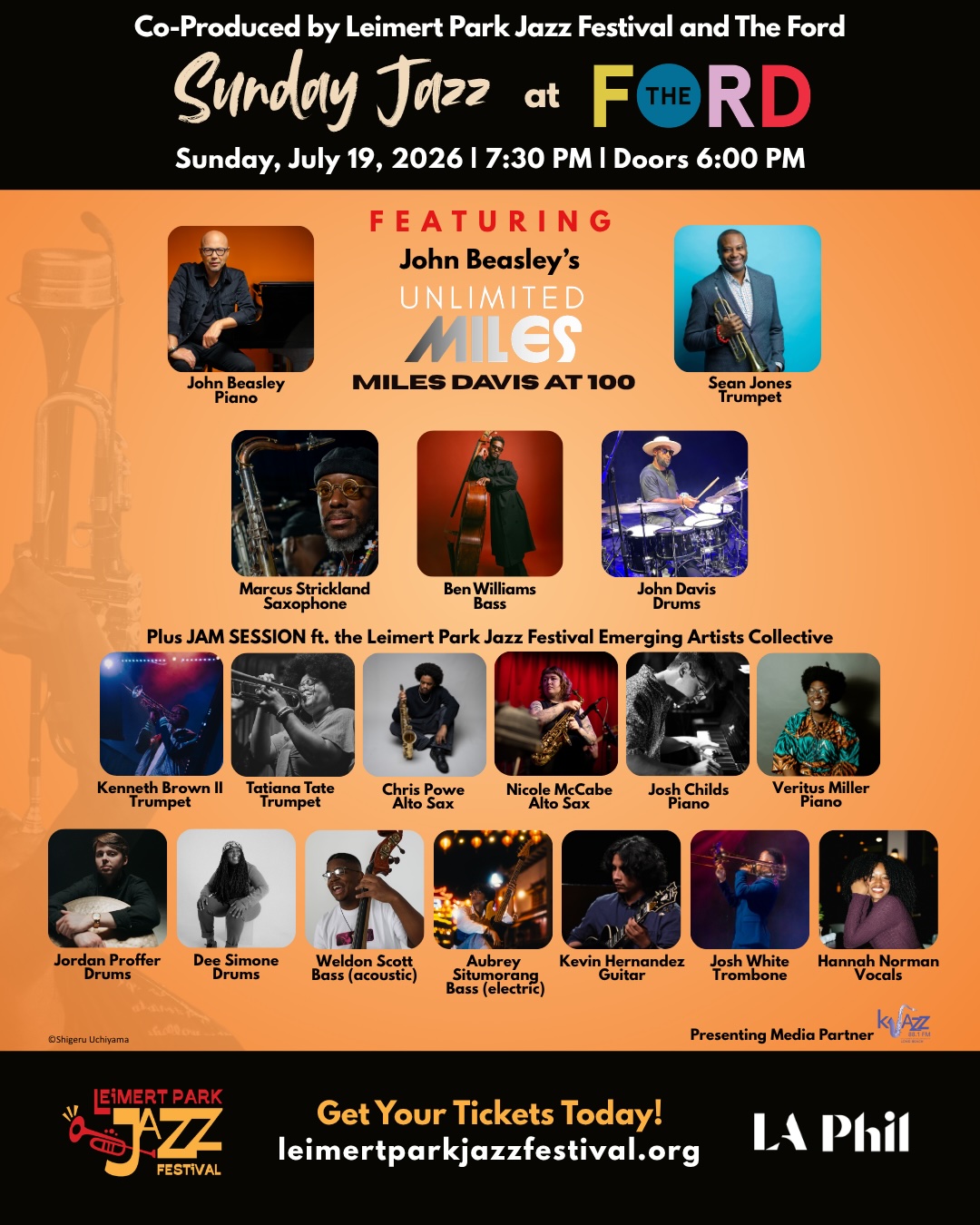Sunday Jazz at The Ford event flyer for July 19, 2026, featuring musician photos and Leimert Park Jazz Festival branding.