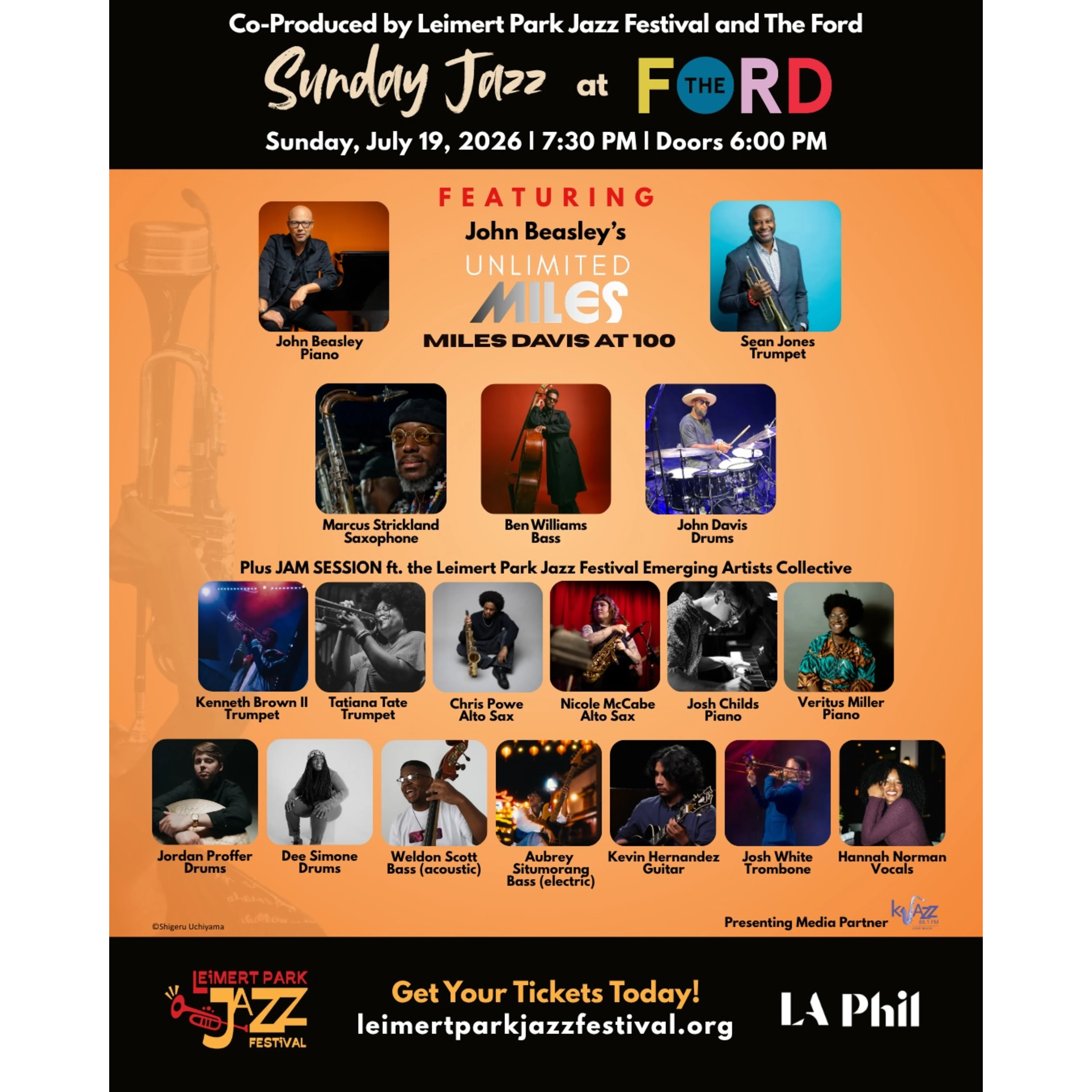 Sunday Jazz at The Ford event flyer for July 19, 2026, featuring musician photos and Leimert Park Jazz Festival branding.