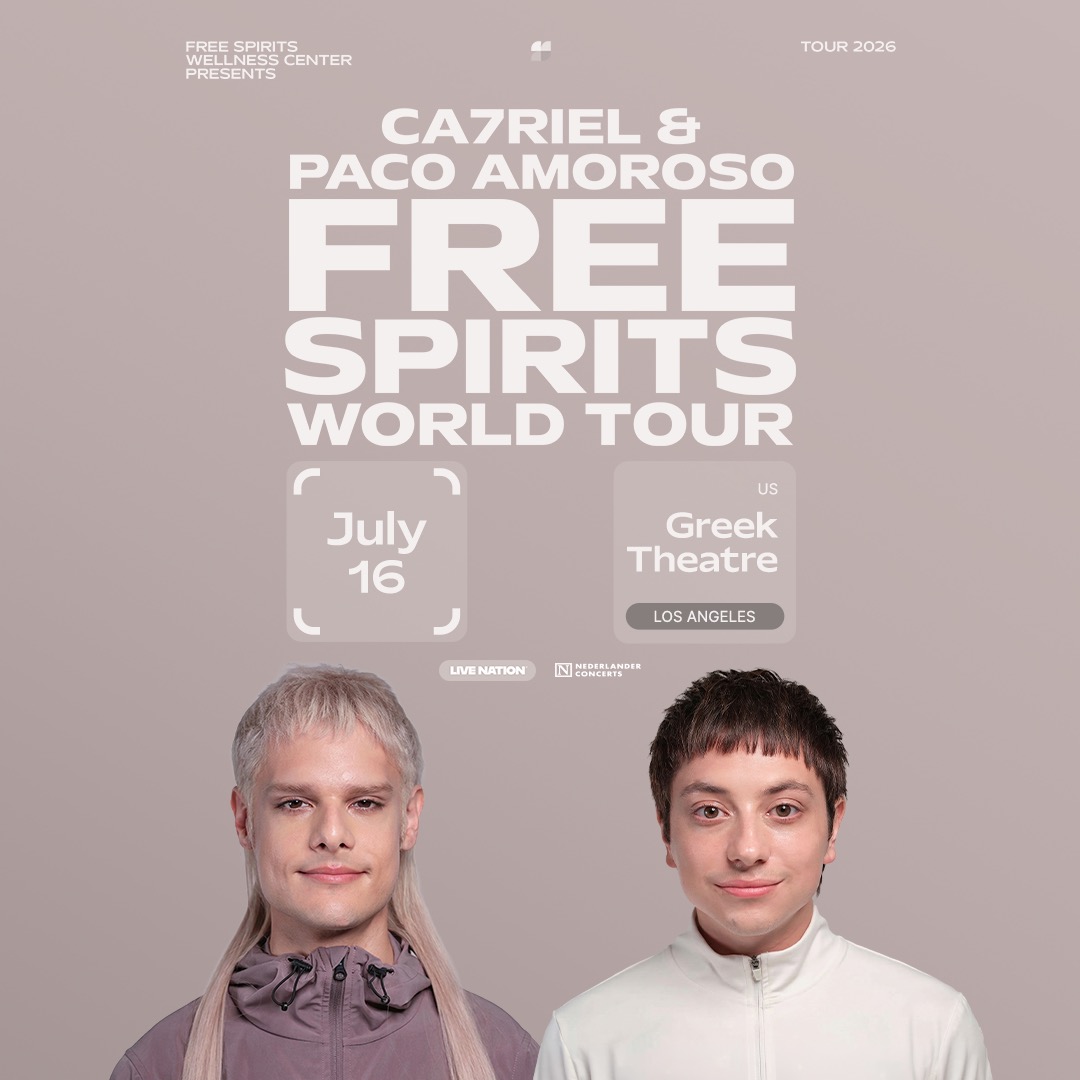 Concert poster for Ca7riel & Paco Amoroso Free Spirits World Tour, July 16 at Greek Theatre, Los Angeles.