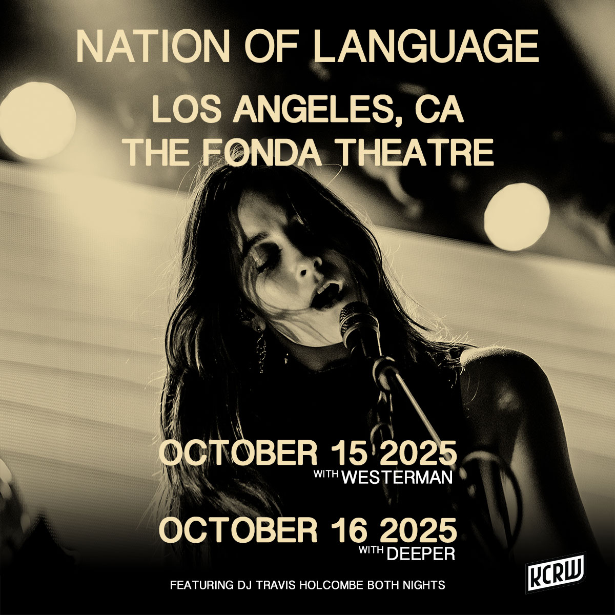 Promotional image for Nation of Language shows at the Fonda on October 15 and October 16, featuring band member Aidan Noell singing into a microphone