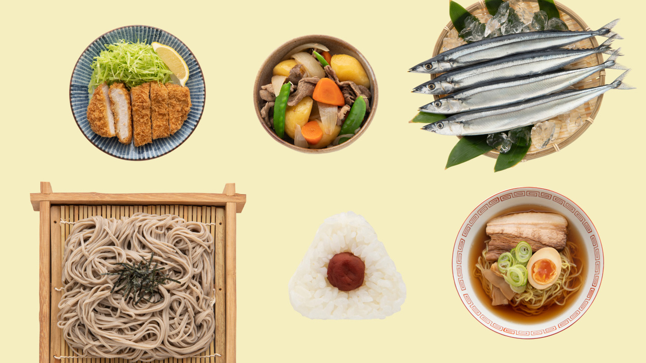 Assorted Japanese dishes: tonkatsu, nikujaga stew, fresh saury fish, soba noodles, onigiri rice ball, and ramen soup.
