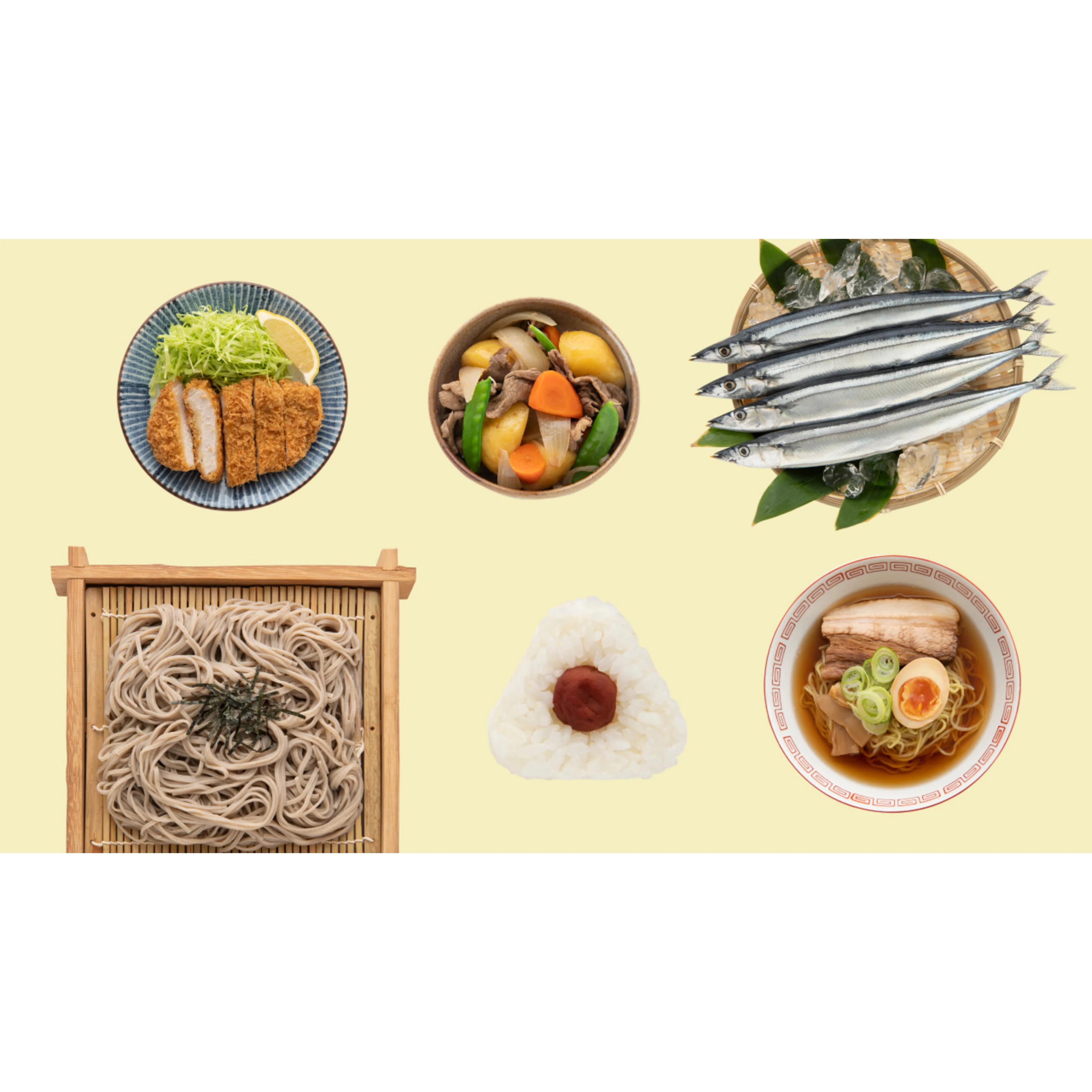 Assorted Japanese dishes: tonkatsu, nikujaga stew, fresh saury fish, soba noodles, onigiri rice ball, and ramen soup.