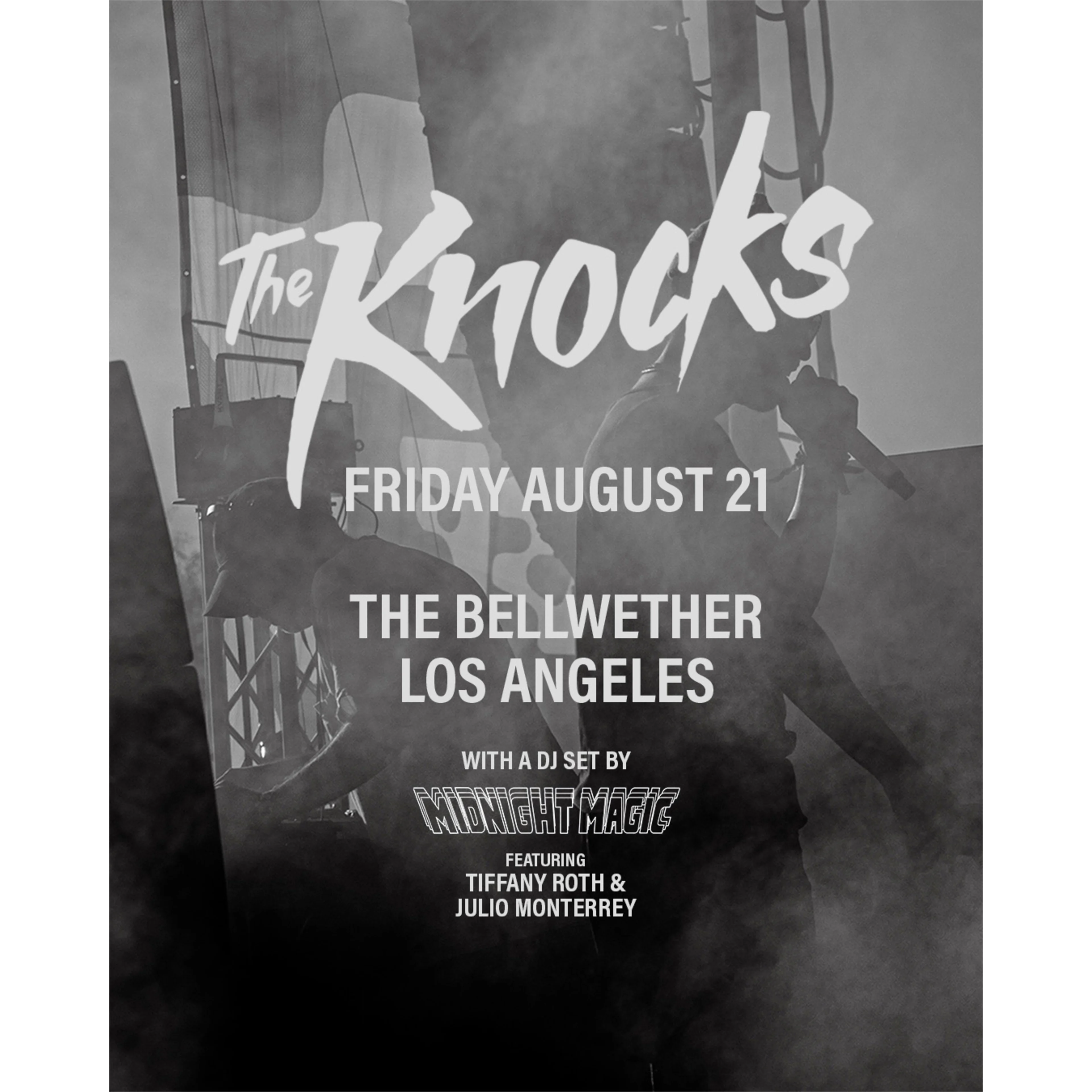 Concert poster for The Knocks, Friday August 21 at The Bellwether, Los Angeles, with smoky stage background.