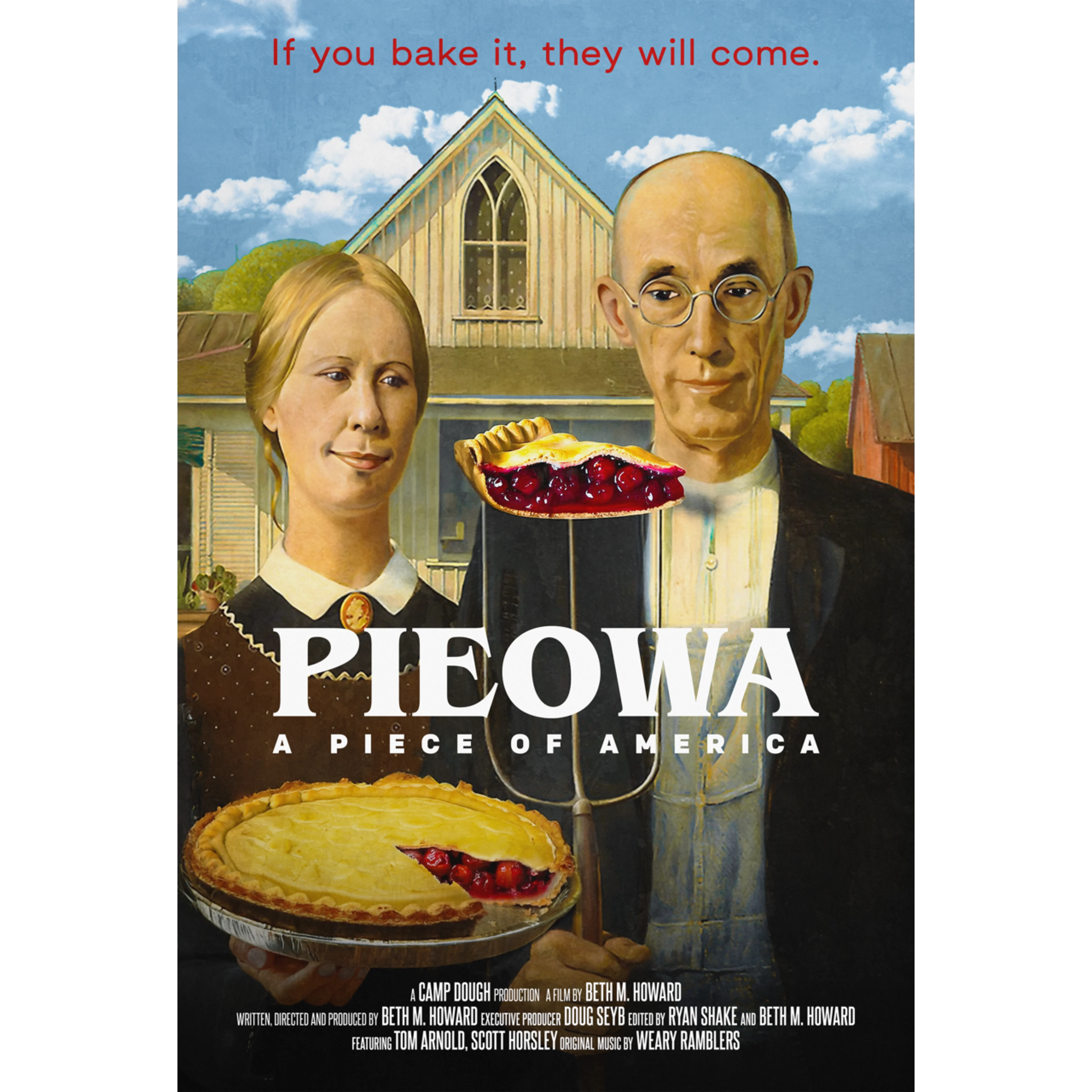 Parody movie poster of American Gothic painting with cherry pie, titled "PIEOWA: A Piece of America" with red text above.