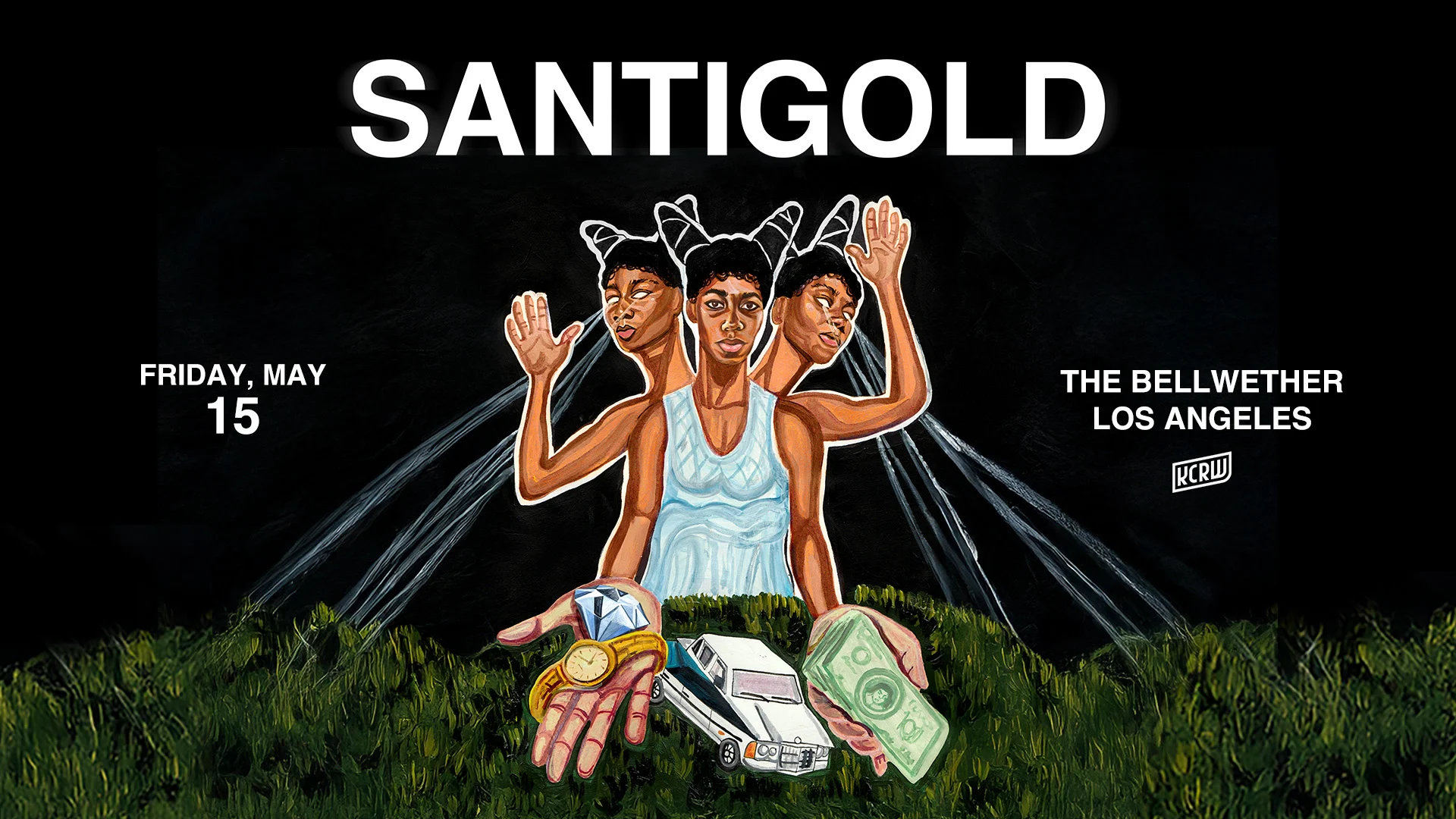 Santigold concert poster showing artistic figure with multiple faces holding money, jewelry and car, performing May 15 at The Bellwether LA.