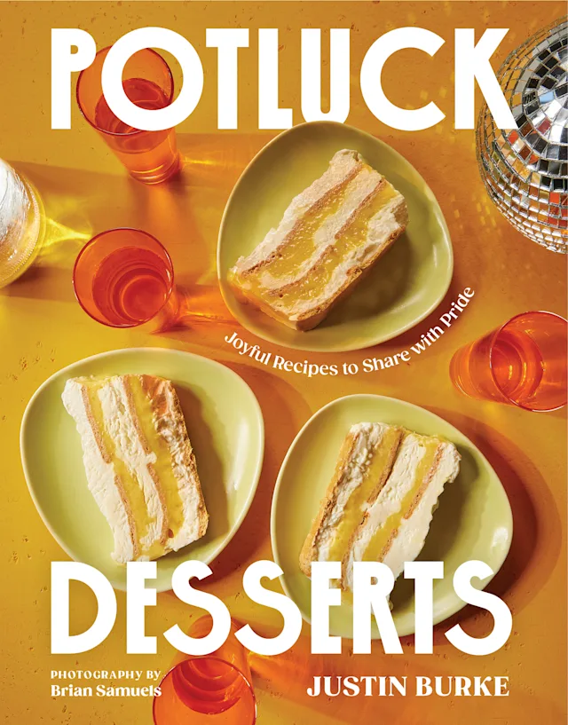 Cookbook cover featuring slices of layered cake on yellow plates with orange drinks, titled "Potluck Desserts" by Justin Burke.