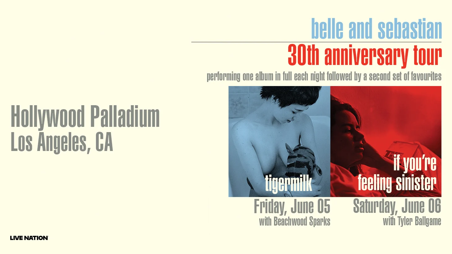 Belle and Sebastian 30th Anniversary Tour poster for Hollywood Palladium, Los Angeles, June 5-6 shows.