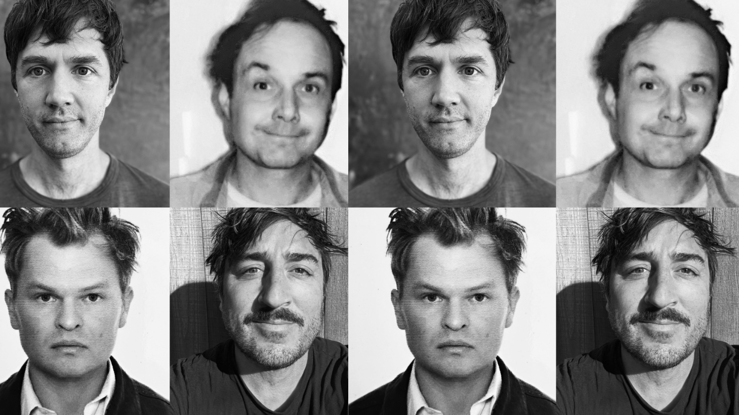 Grid of black and white portrait photographs showing different facial expressions and styles in a repeating pattern.