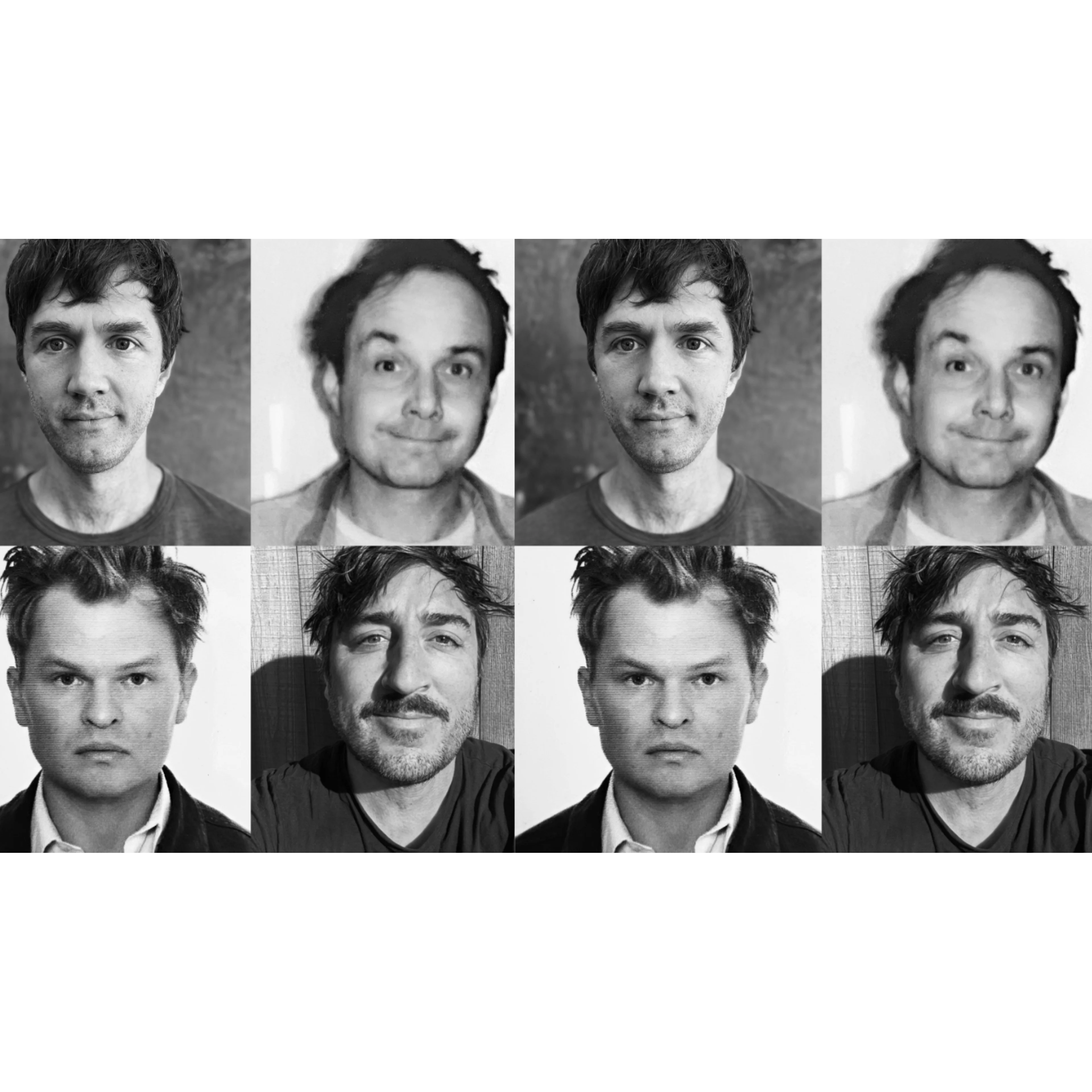 Grid of black and white portrait photographs showing different facial expressions and styles in a repeating pattern.