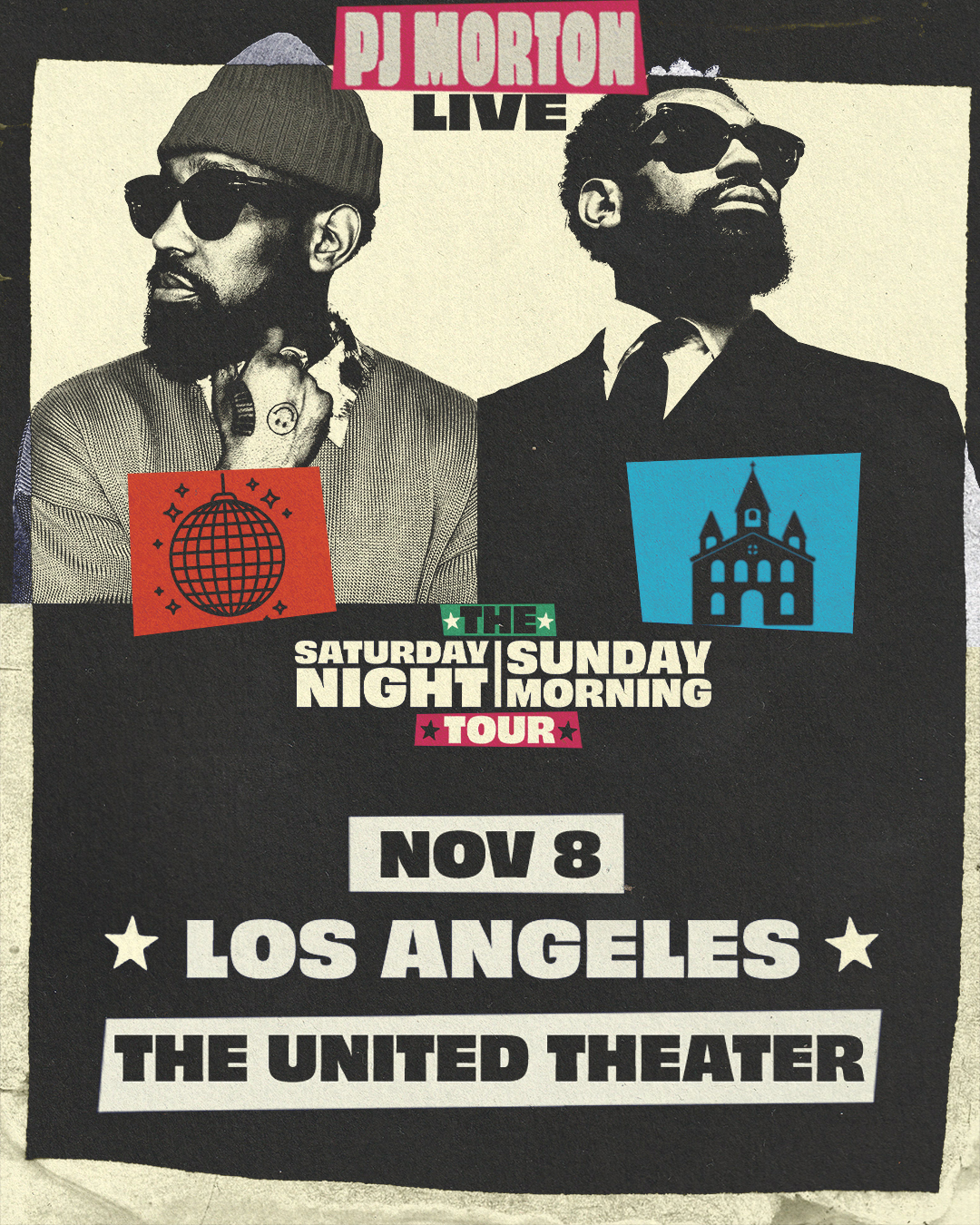 PJ Morton Live concert poster for The Saturday Night Sunday Morning Tour, Nov 8, Los Angeles, The United Theater.
