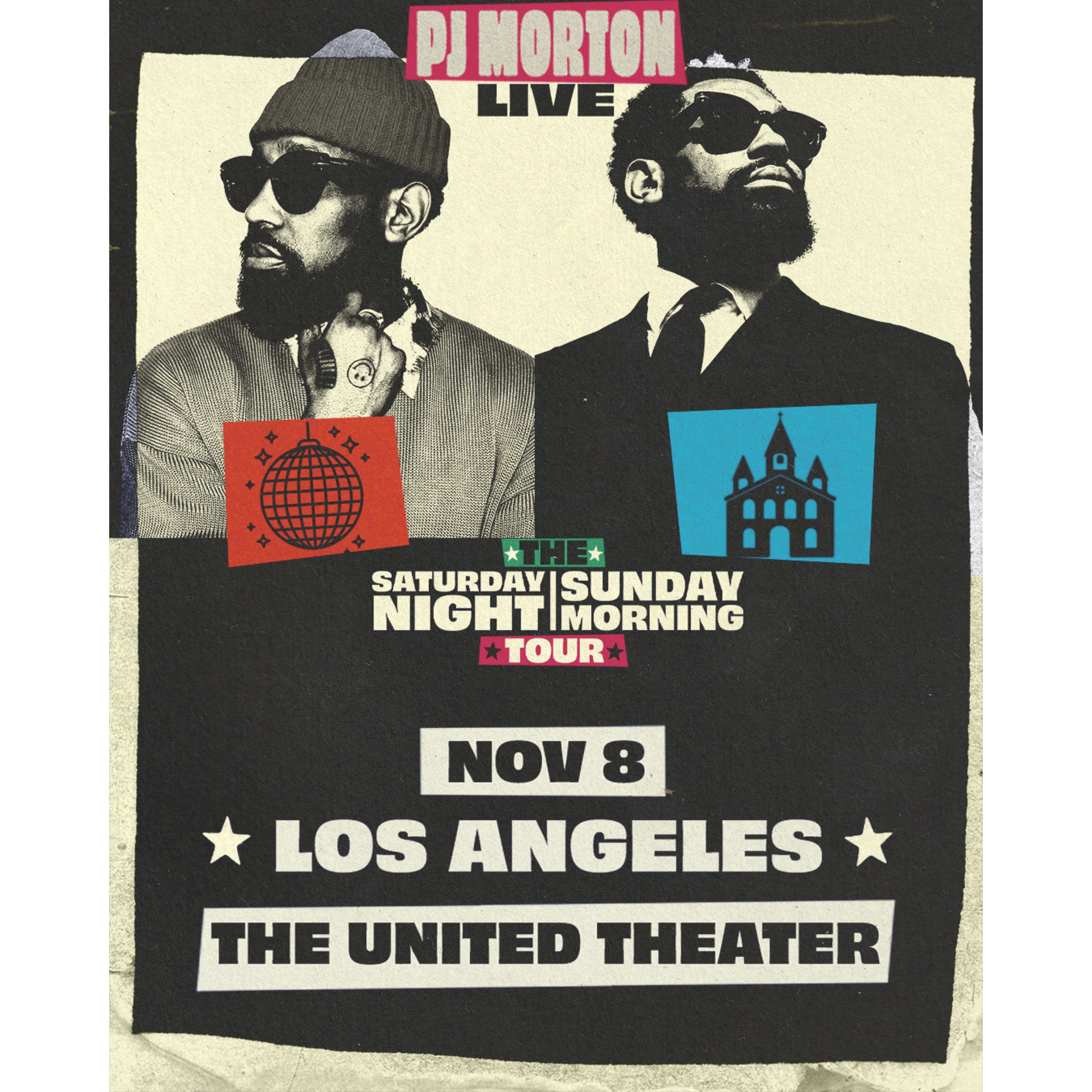 PJ Morton Live concert poster for The Saturday Night Sunday Morning Tour, Nov 8, Los Angeles, The United Theater.