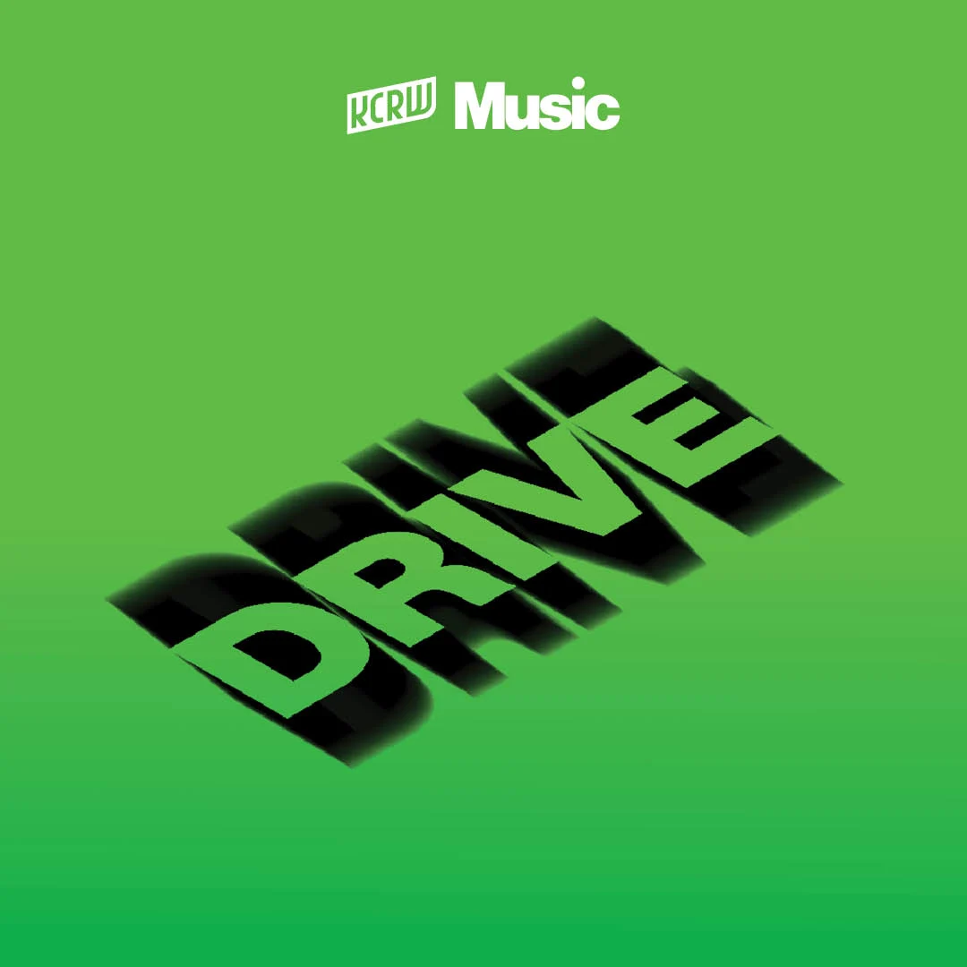 KCRW Music branded graphic with bold 3D black text reading DRIVE on a bright green background.