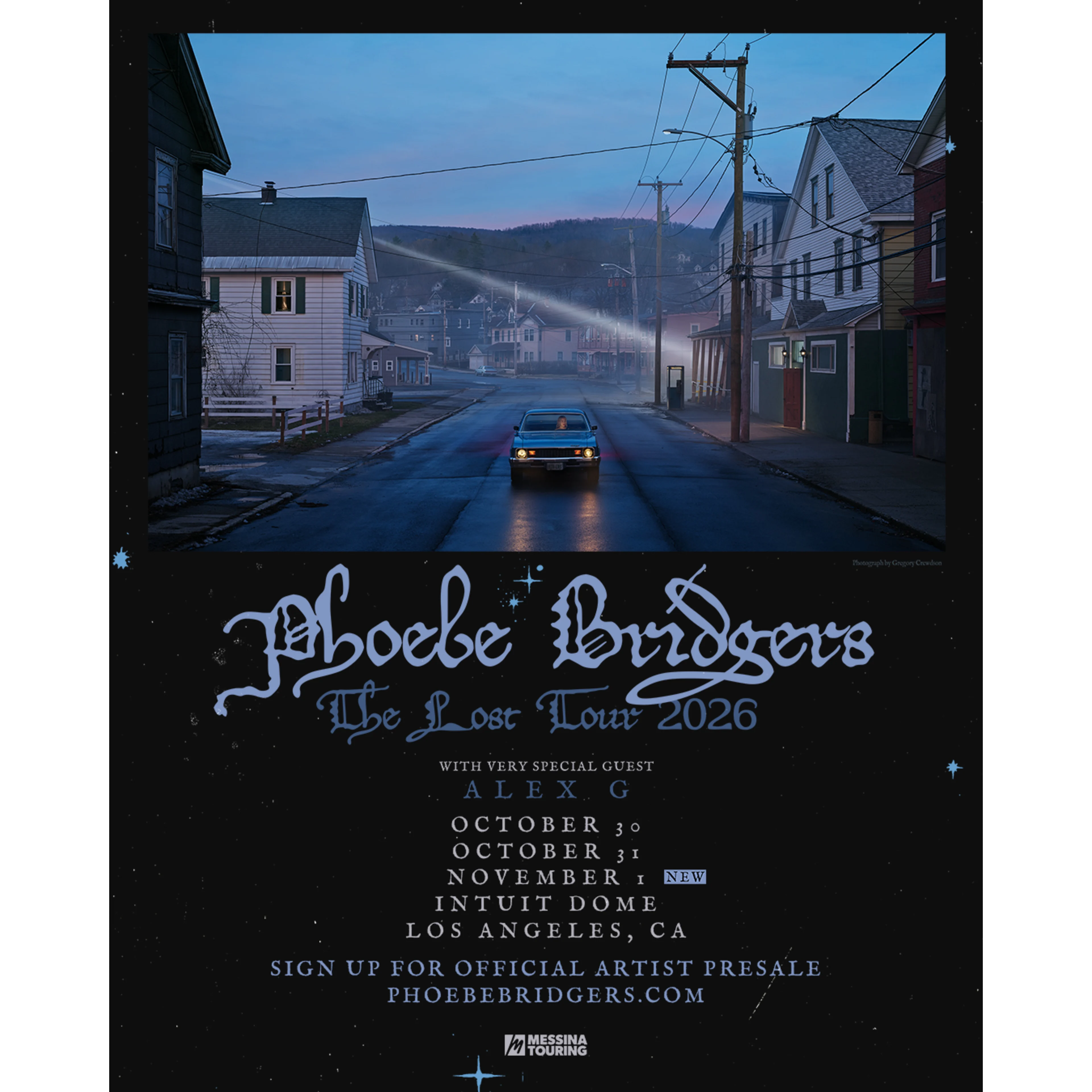 Phoebe Bridgers The Lost Tour 2026 poster featuring a blue car on a misty small-town street at dusk, with tour dates in Los Angeles.