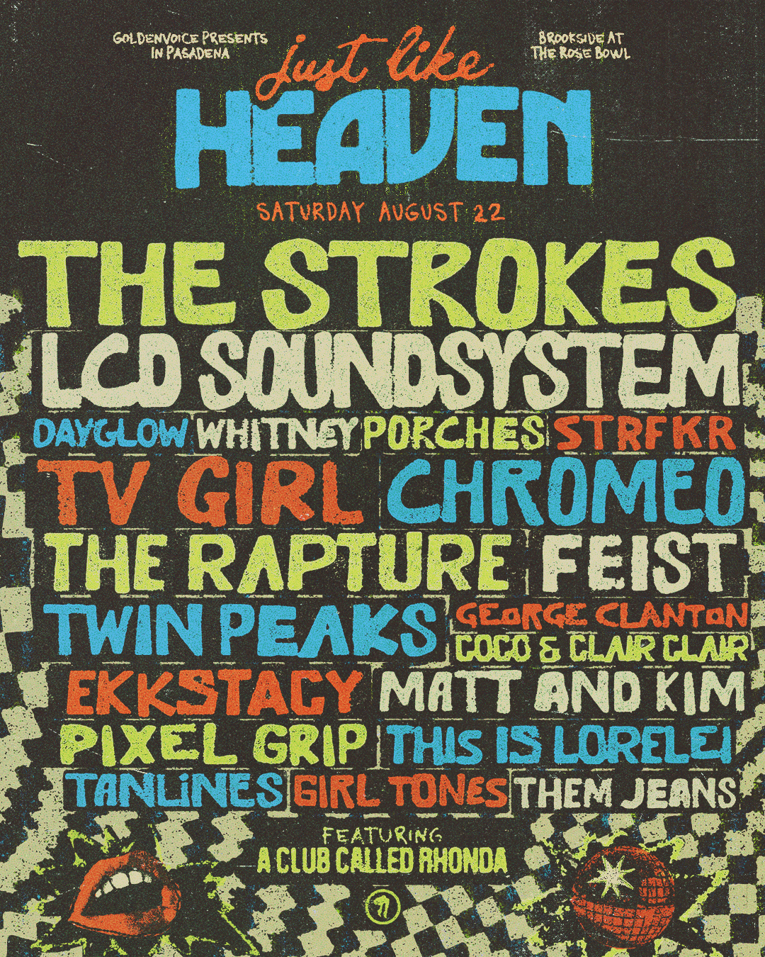 Just Like Heaven music festival poster featuring The Strokes, LCD Soundsystem, and more, on Saturday August 22 at the Rose Bowl.