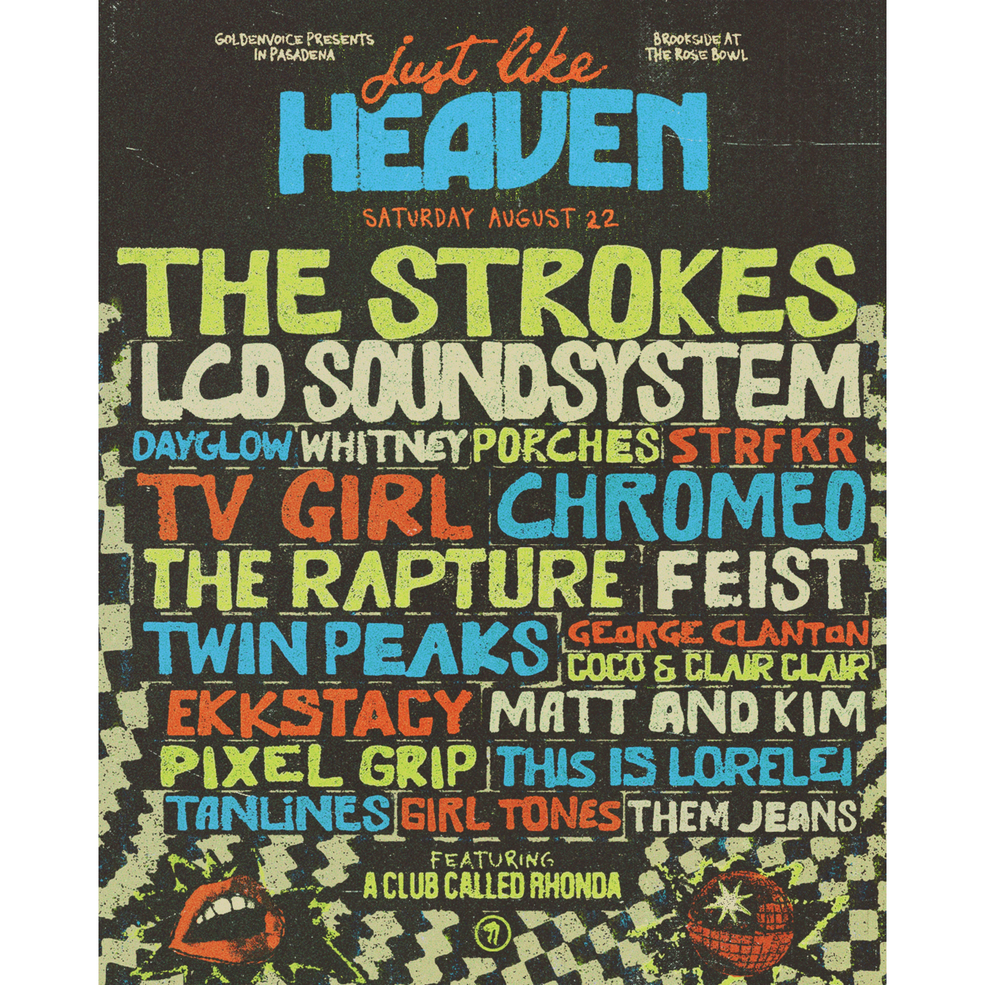 Just Like Heaven music festival poster featuring The Strokes, LCD Soundsystem, and more, on Saturday August 22 at the Rose Bowl.