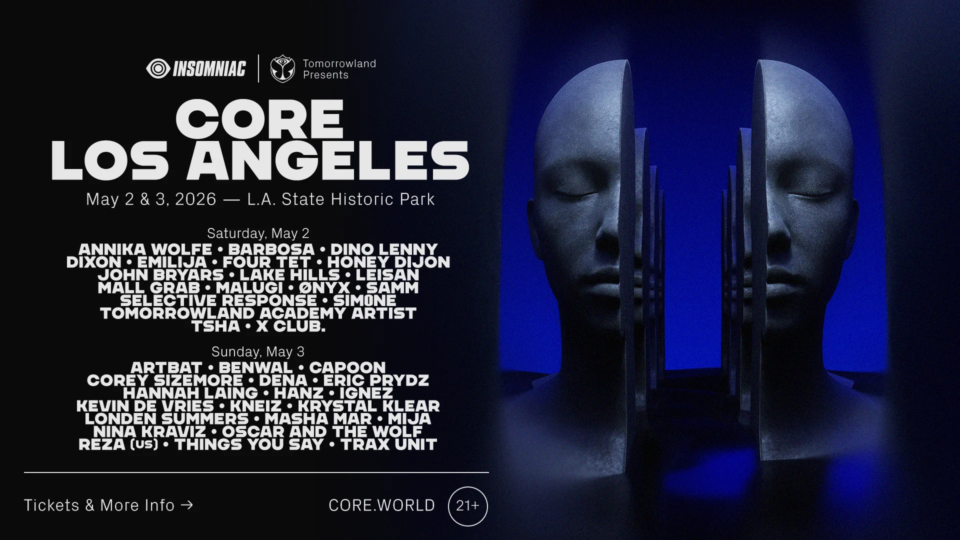 CORE Los Angeles music festival poster featuring split metallic face sculpture against blue background, with artist lineup for May 2-3, 2026.