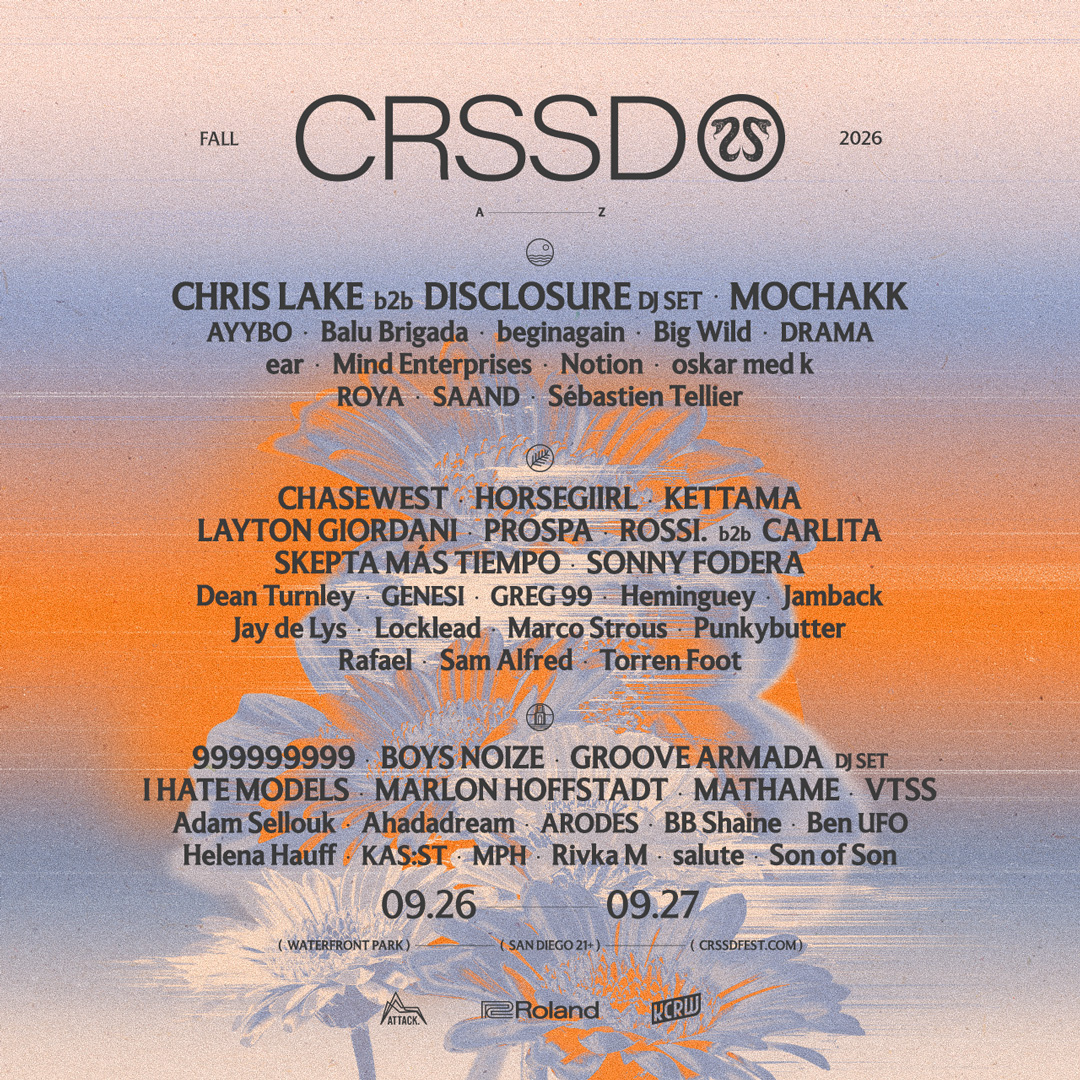 CRSSD Fall 2026 festival lineup poster with orange and blue sunset background, listing artists and dates Sept 26-27 in San Diego.