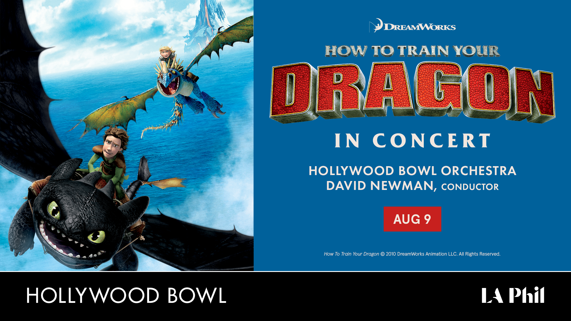 Promotional image for How to Train Your Dragon In Concert at the Hollywood Bowl, featuring Hiccup and Toothless flying.