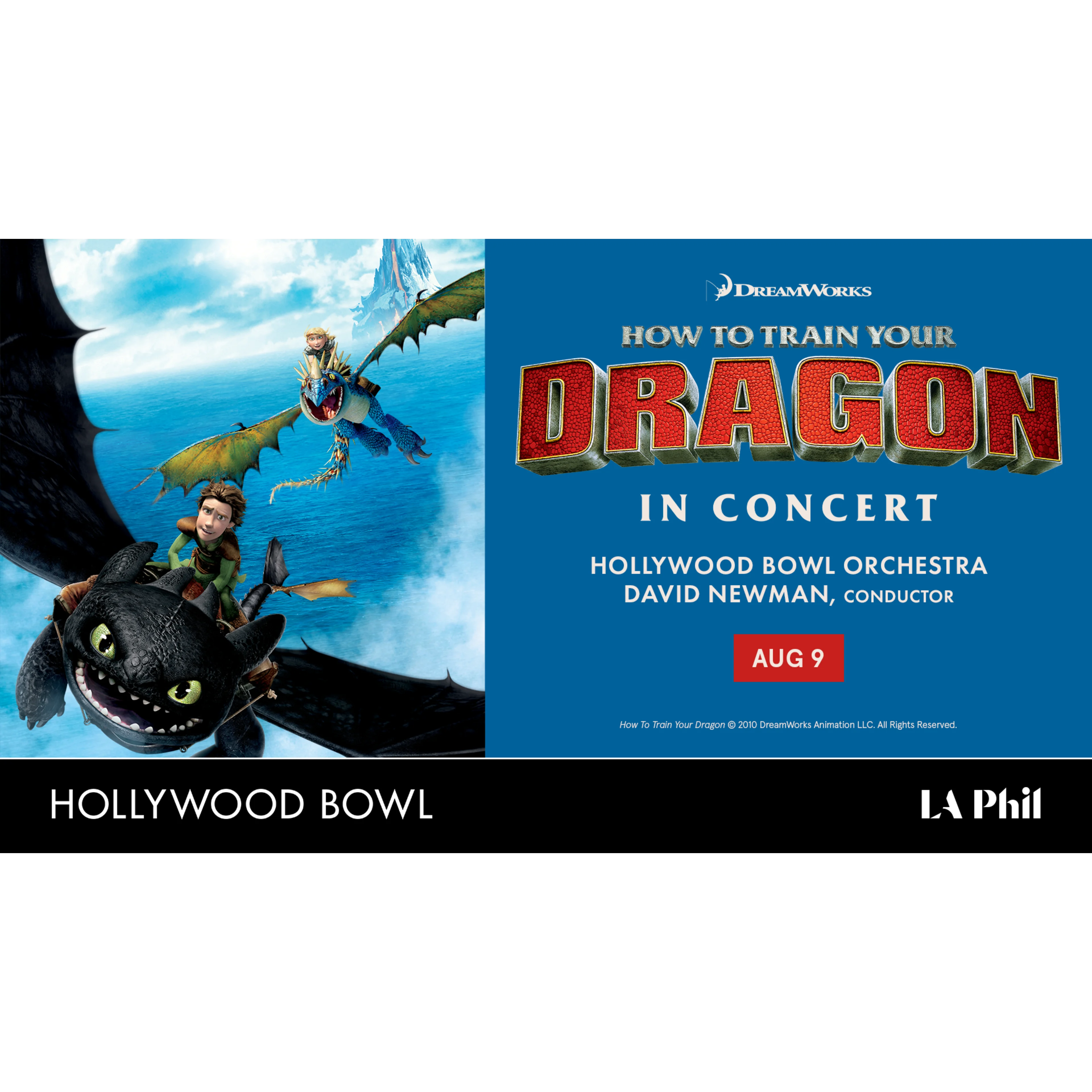 Promotional image for How to Train Your Dragon In Concert at the Hollywood Bowl, featuring Hiccup and Toothless flying.
