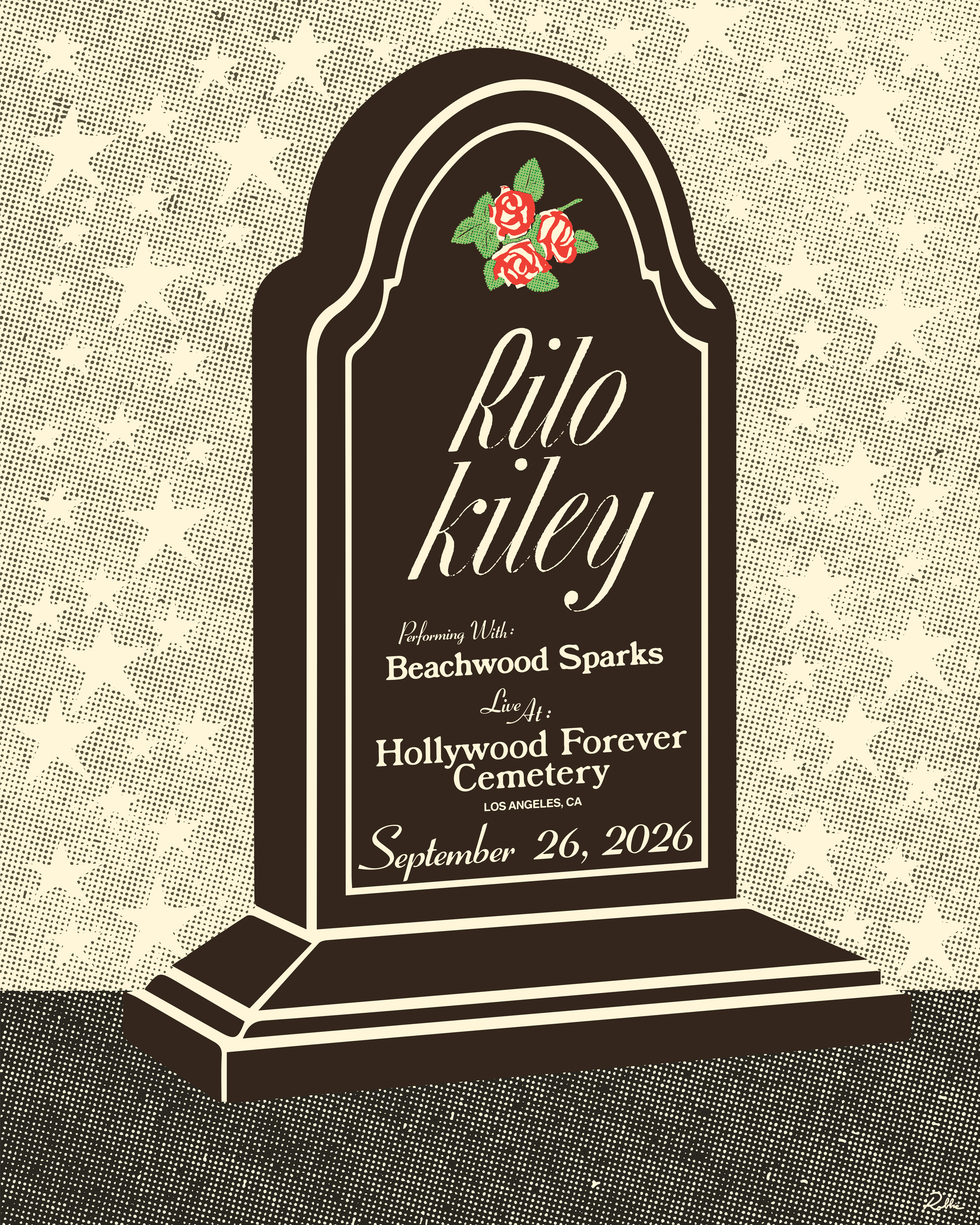 Illustrated tombstone concert poster for Rilo Kiley with Beachwood Sparks at Hollywood Forever Cemetery, September 26, 2026.
