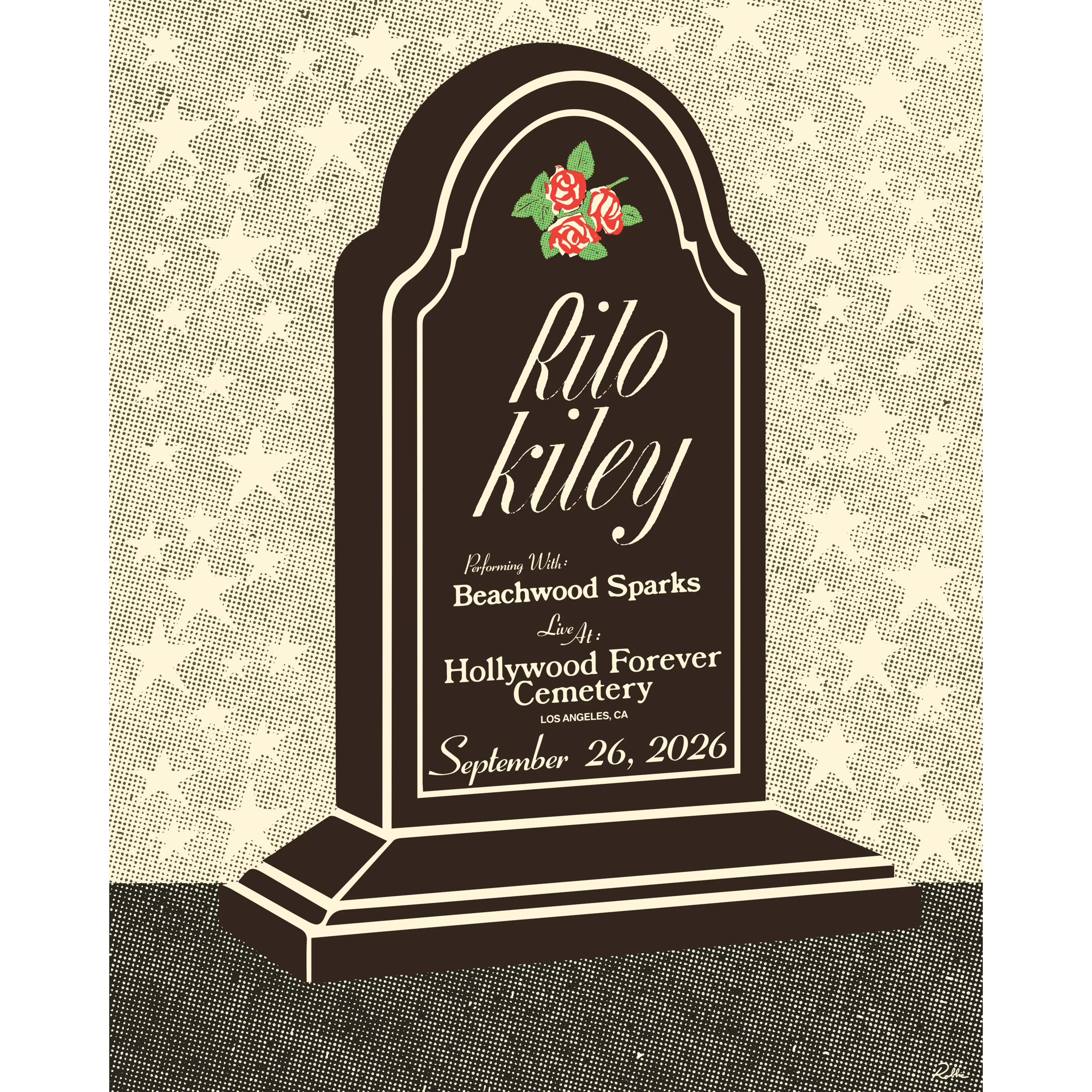 Illustrated tombstone concert poster for Rilo Kiley with Beachwood Sparks at Hollywood Forever Cemetery, September 26, 2026.