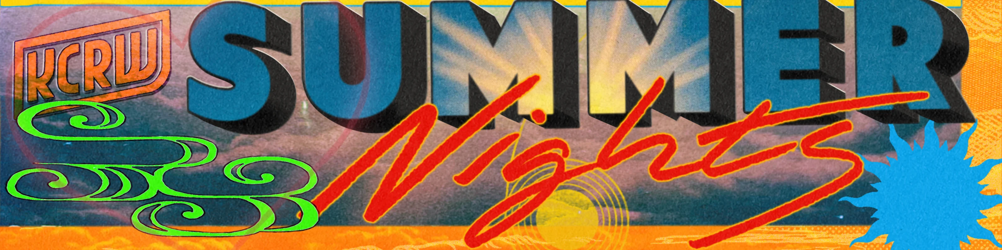 KCRW Summer Nights logo with blue gradient text, bright red script, and neon green swirls on orange background.