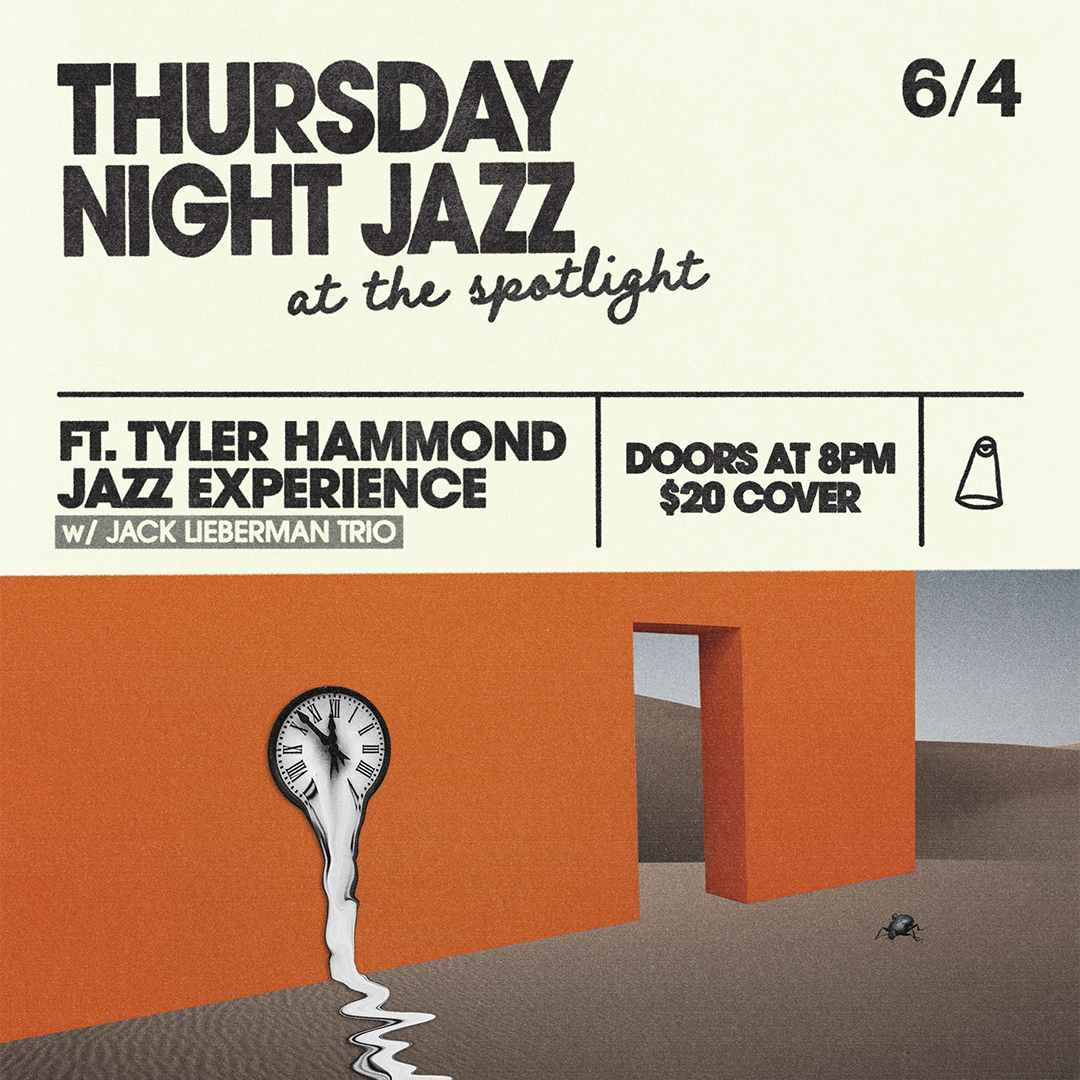 Event flyer for Thursday Night Jazz on 6/4 featuring a surreal melting clock and orange wall with an open doorway.