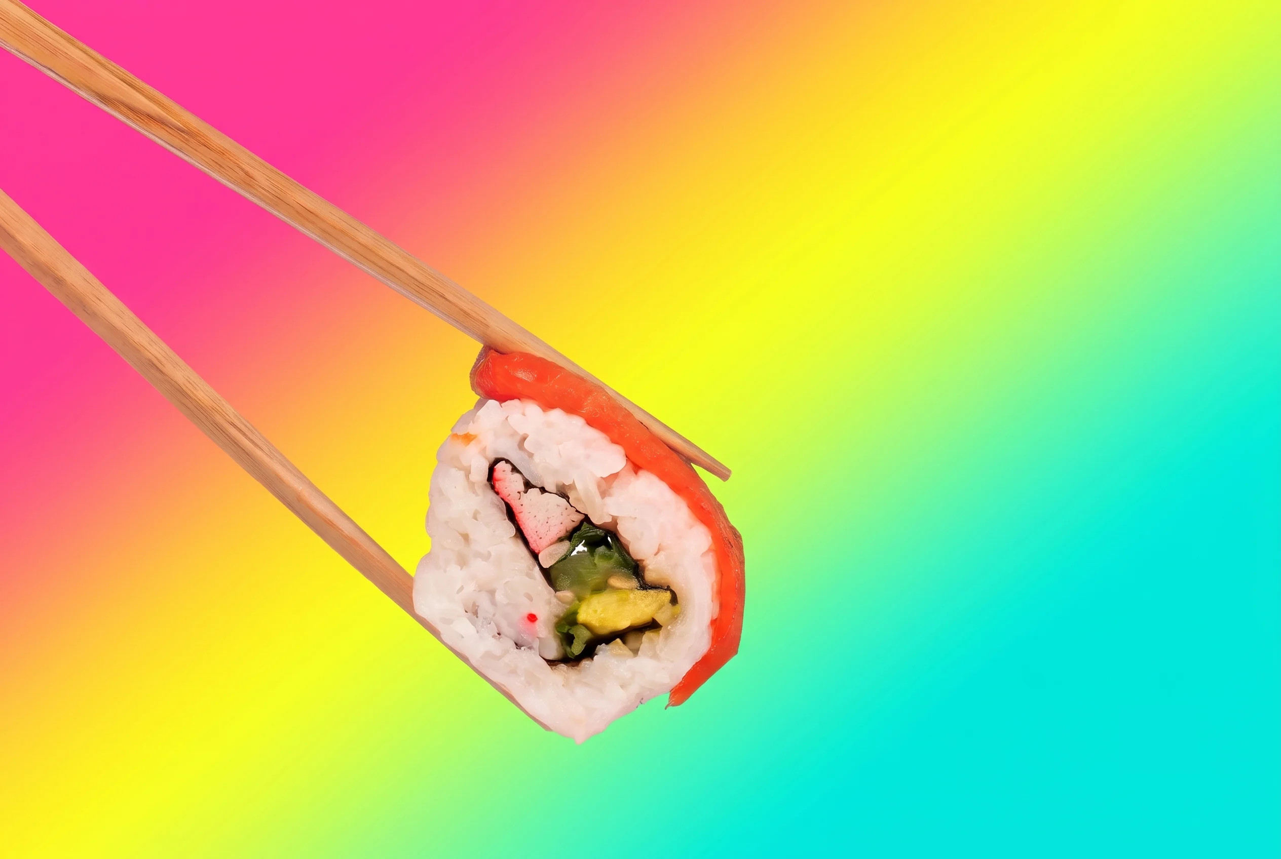 Chopsticks holding a sushi roll with rice, salmon, and avocado against a vibrant rainbow gradient background.