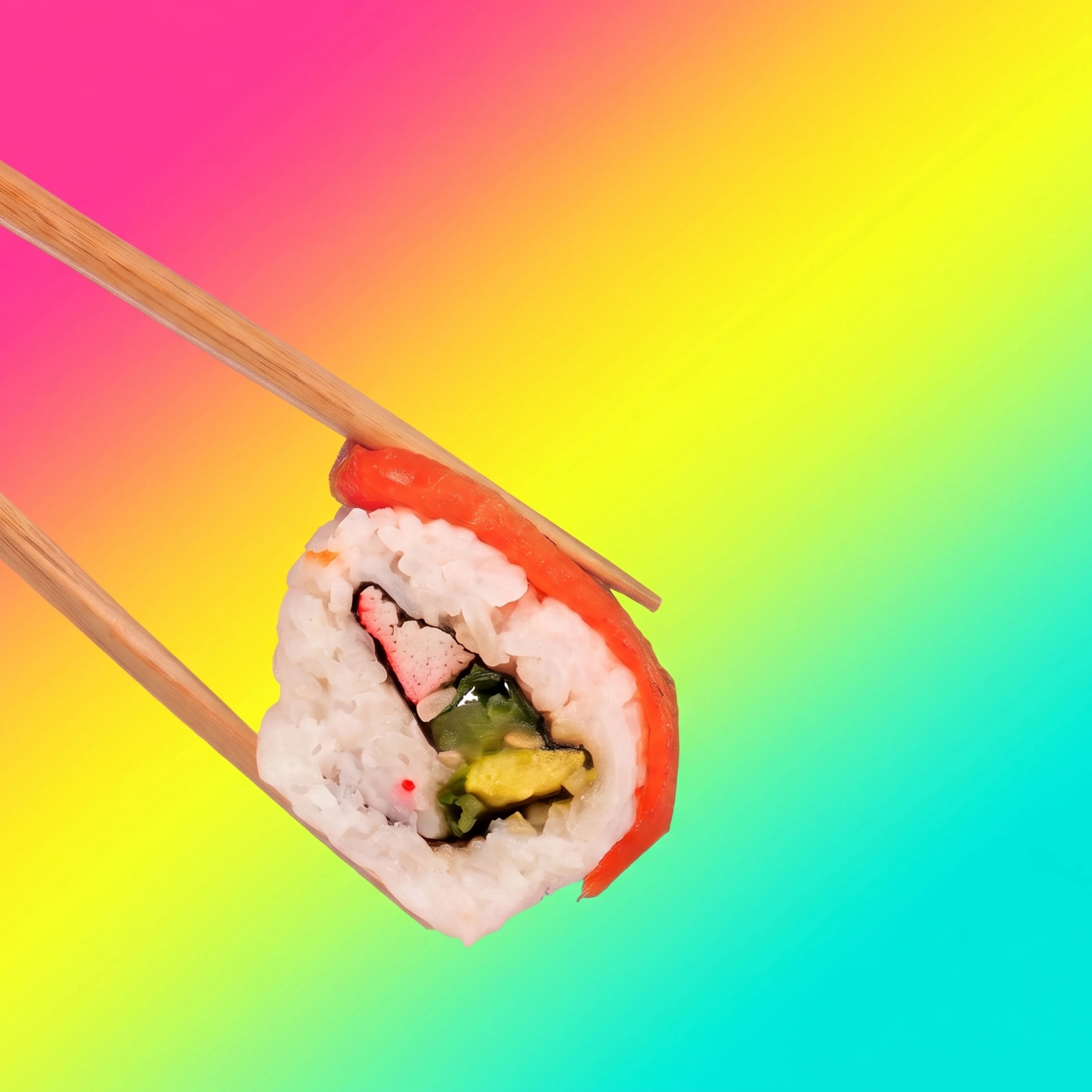 Chopsticks holding a sushi roll with rice, salmon, and avocado against a vibrant rainbow gradient background.