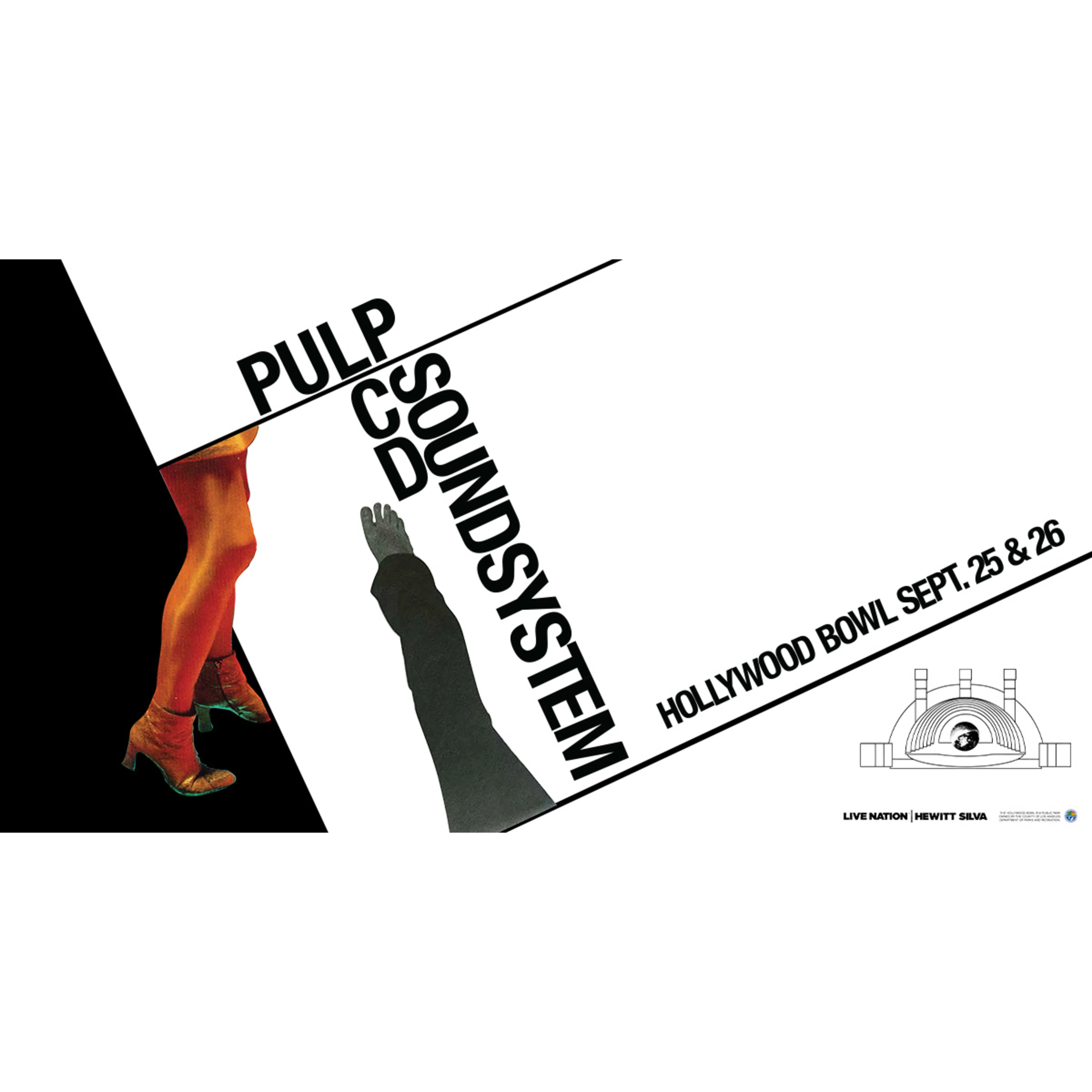Stylized concert poster for Pulp and Soundsystem at Hollywood Bowl on September 25 & 26, featuring red legs and a silhouette.