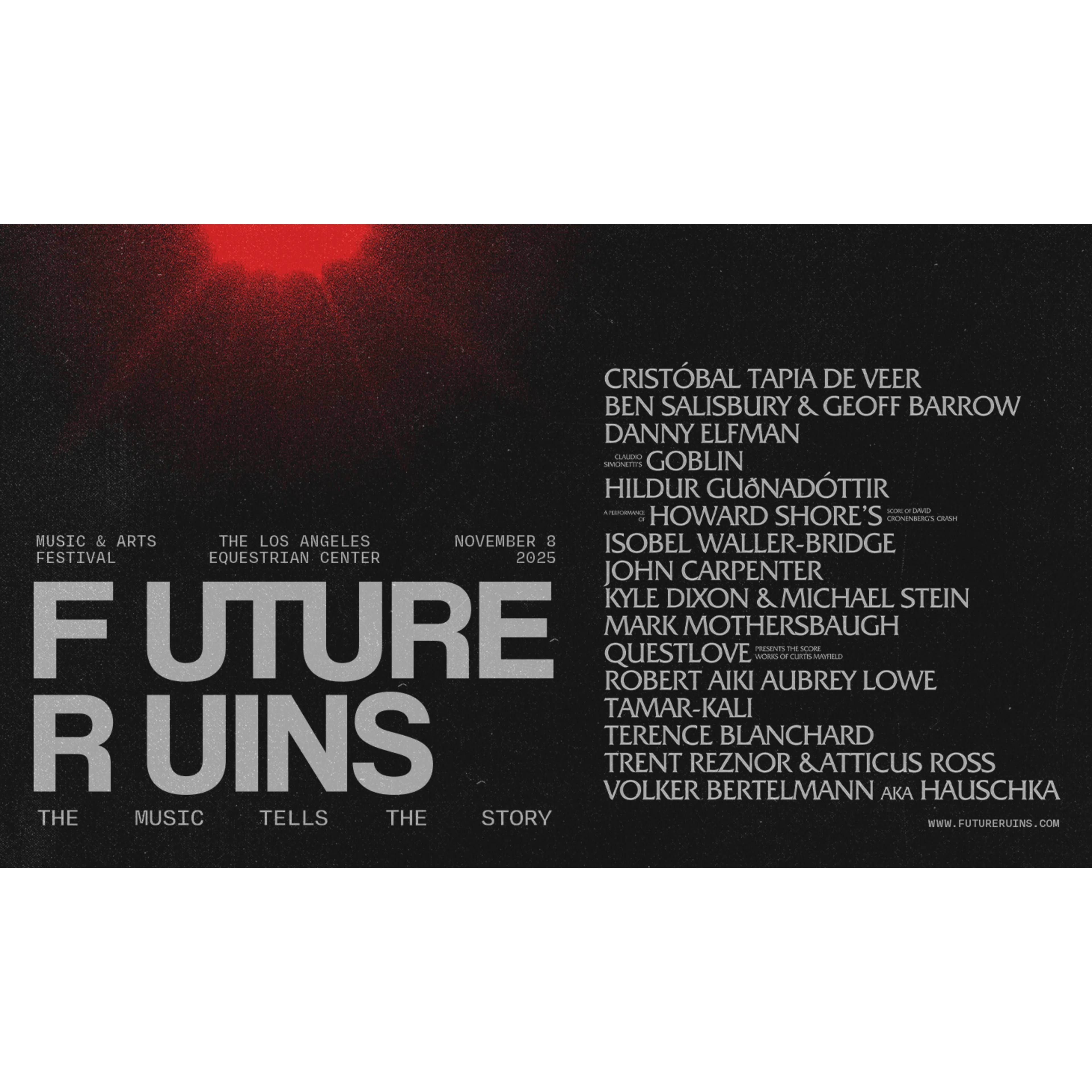 Dark poster for Future Ruins music festival featuring Danny Elfman, John Carpenter and others at LA Equestrian Center, November 8, 2025.
