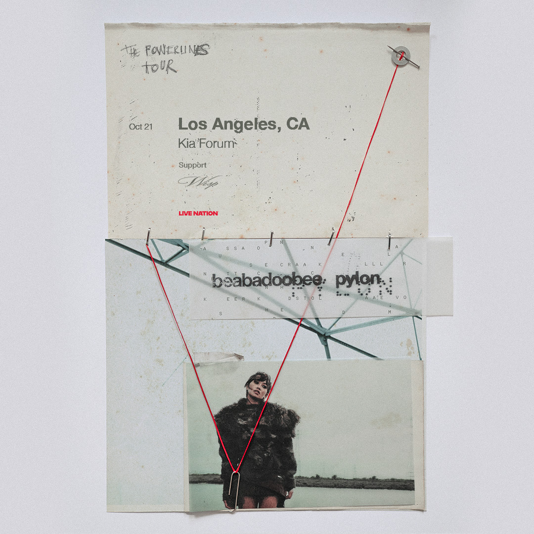 Beabadoobee Pylon Tour poster for Oct 21 at Kia Forum, Los Angeles, CA, with red string art and artist photo.