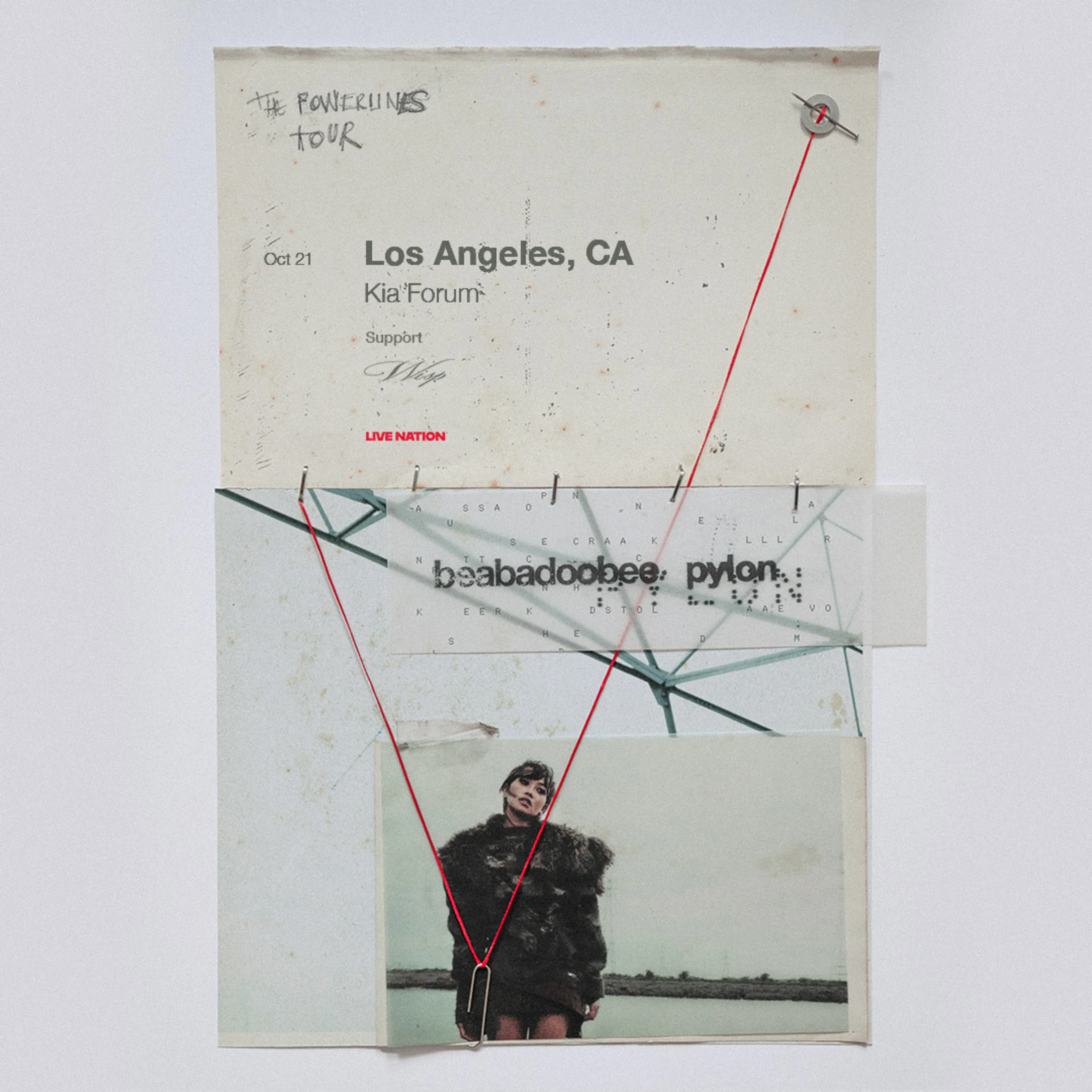 Beabadoobee Pylon Tour poster for Oct 21 at Kia Forum, Los Angeles, CA, with red string art and artist photo.