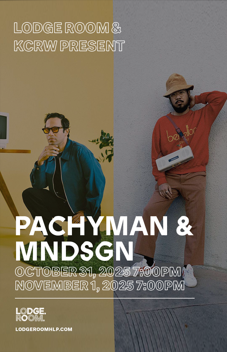 Concert poster for Pachyman & MNDSGN presented by Lodge Room & KCRW, showing two musicians against contrasting backgrounds.