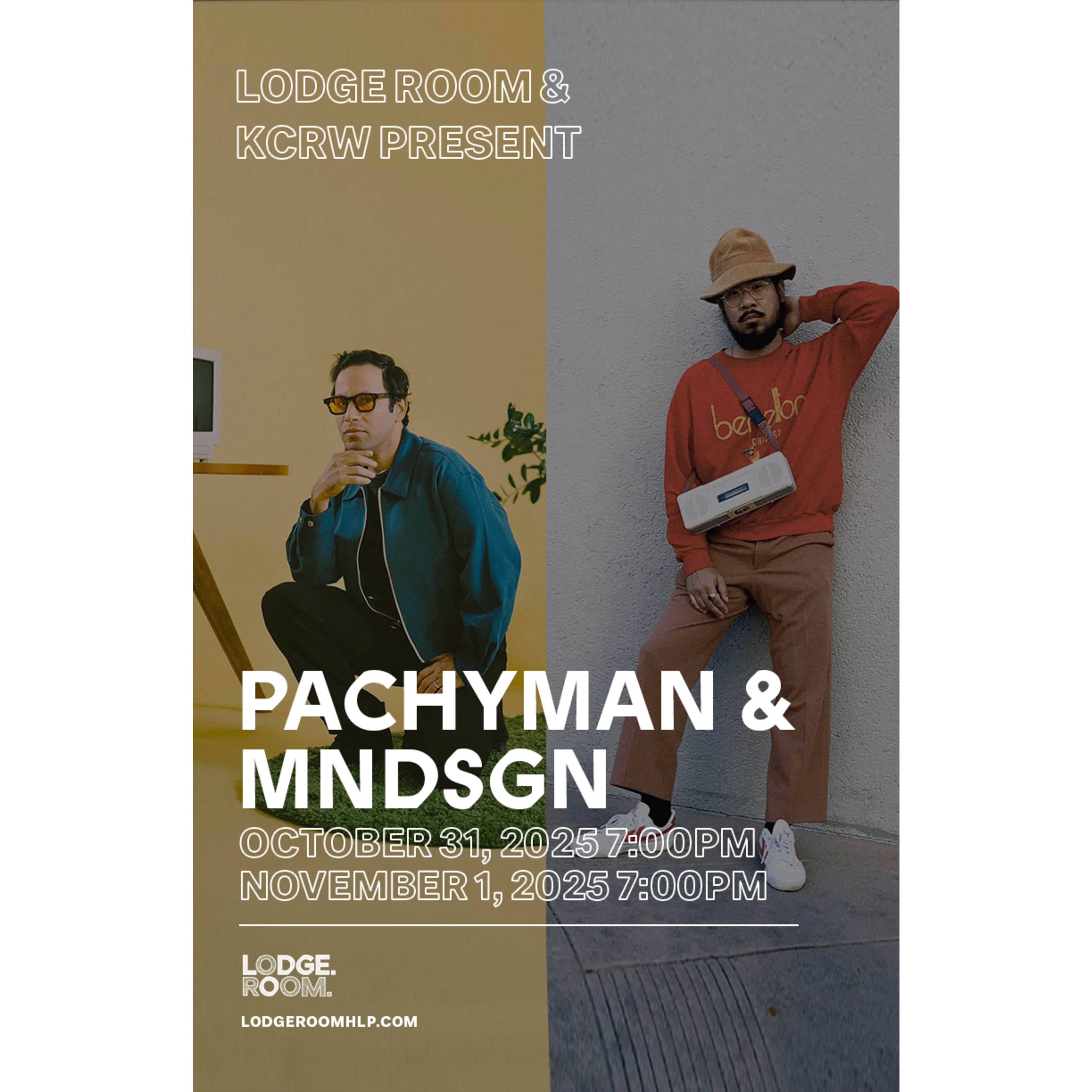 Concert poster for Pachyman & MNDSGN presented by Lodge Room & KCRW, showing two musicians against contrasting backgrounds.