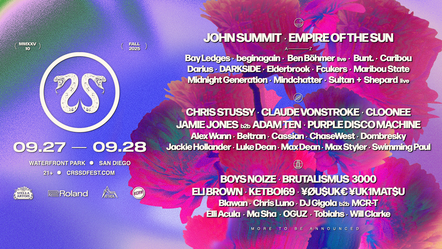 Colorful music festival poster for CRSSD Fest featuring John Summit and many artists, September 27-28 in San Diego.