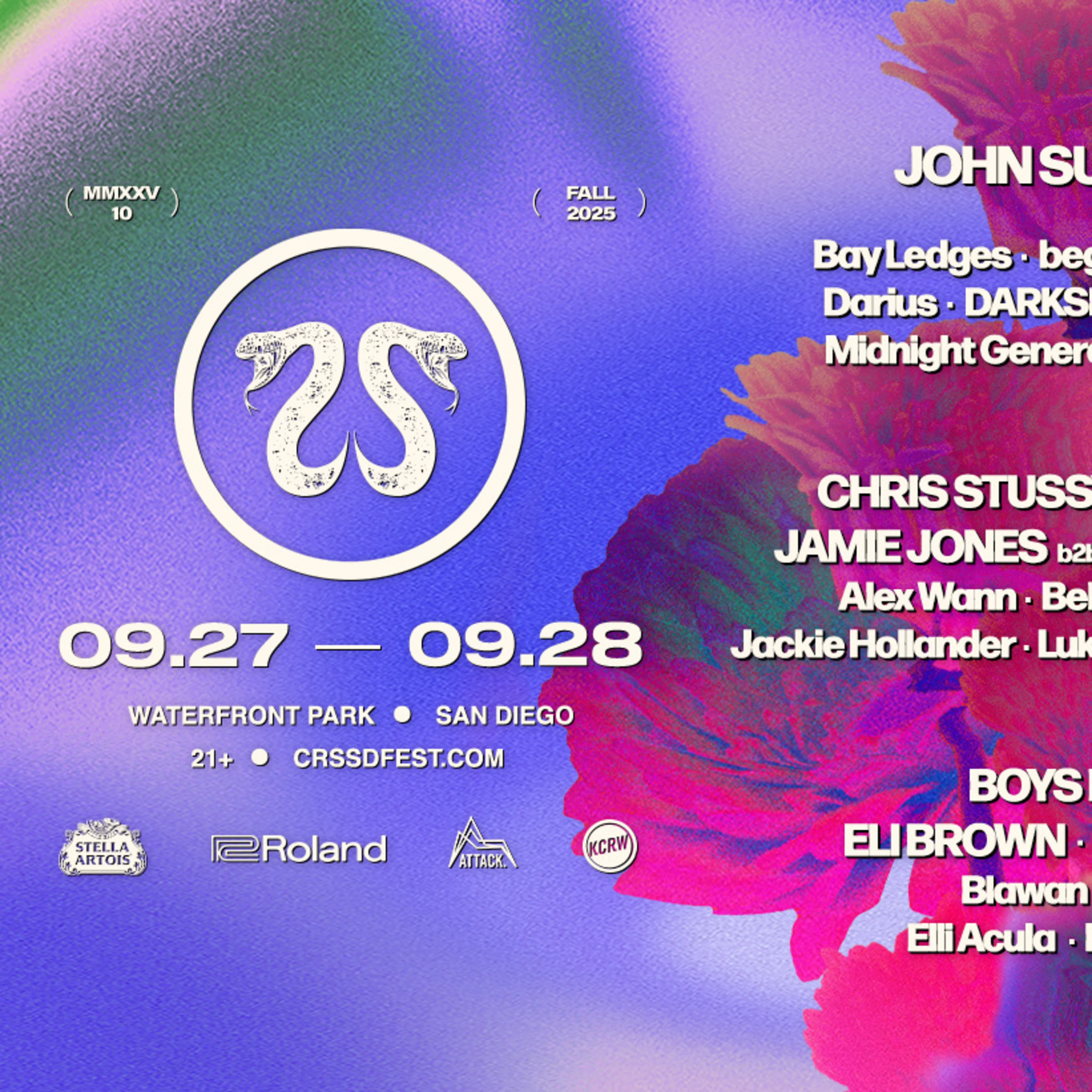 Colorful music festival poster for CRSSD Fest featuring John Summit and many artists, September 27-28 in San Diego.