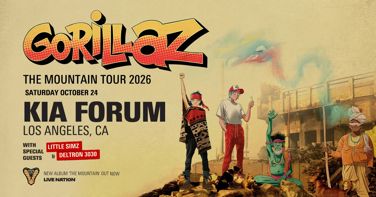 Gorillaz The Mountain Tour 2026 concert poster featuring animated band characters at Kia Forum, Los Angeles, October 24.
