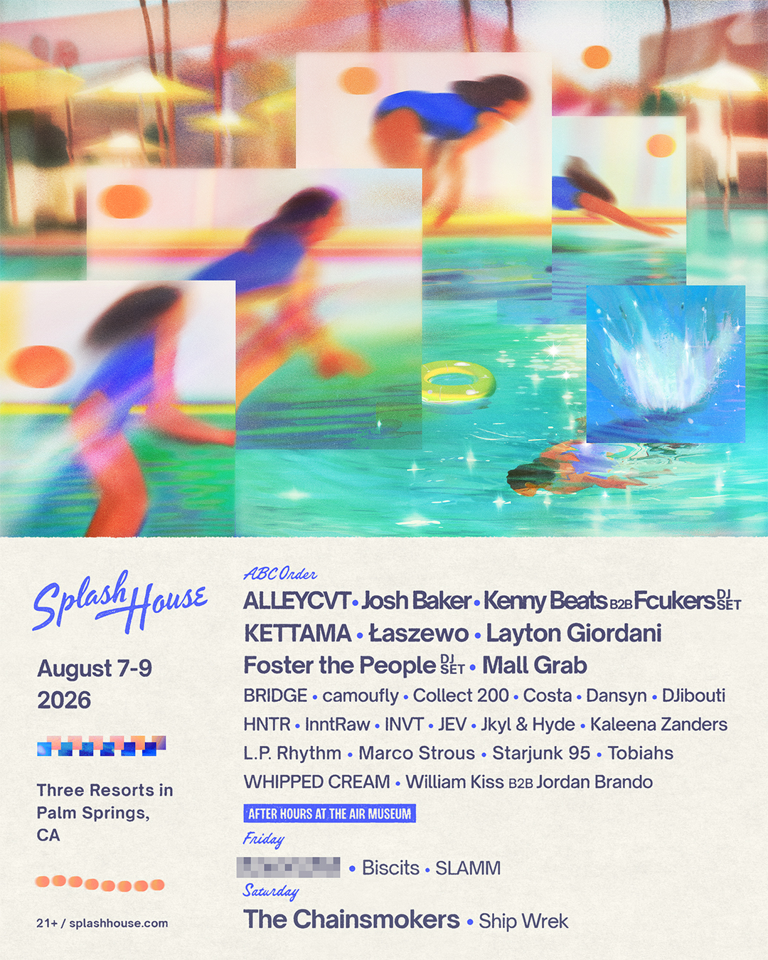 Splash House music festival poster for August 7-9, 2026 in Palm Springs, CA, featuring poolside artwork and artist lineup.