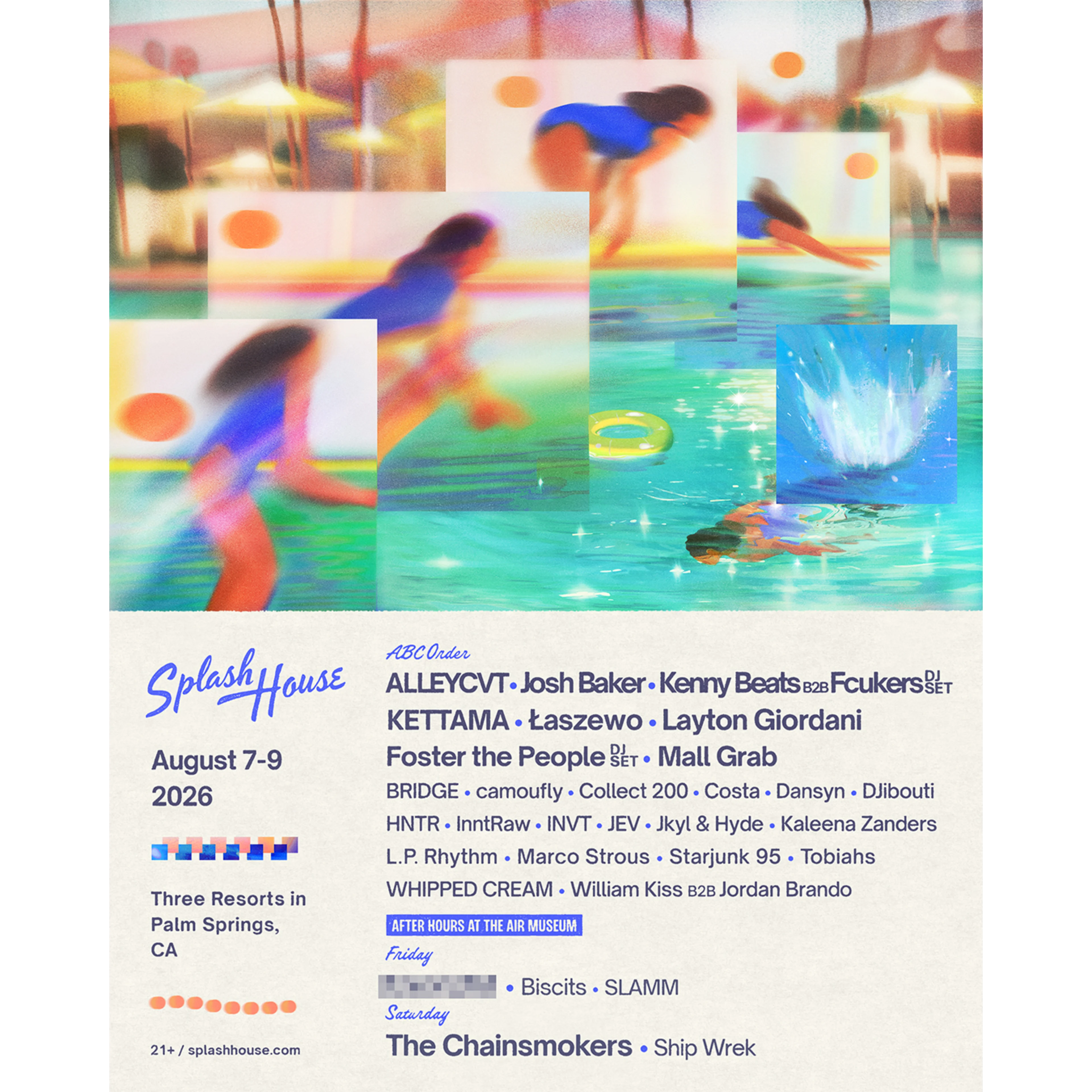 Splash House music festival poster for August 7-9, 2026 in Palm Springs, CA, featuring poolside artwork and artist lineup.