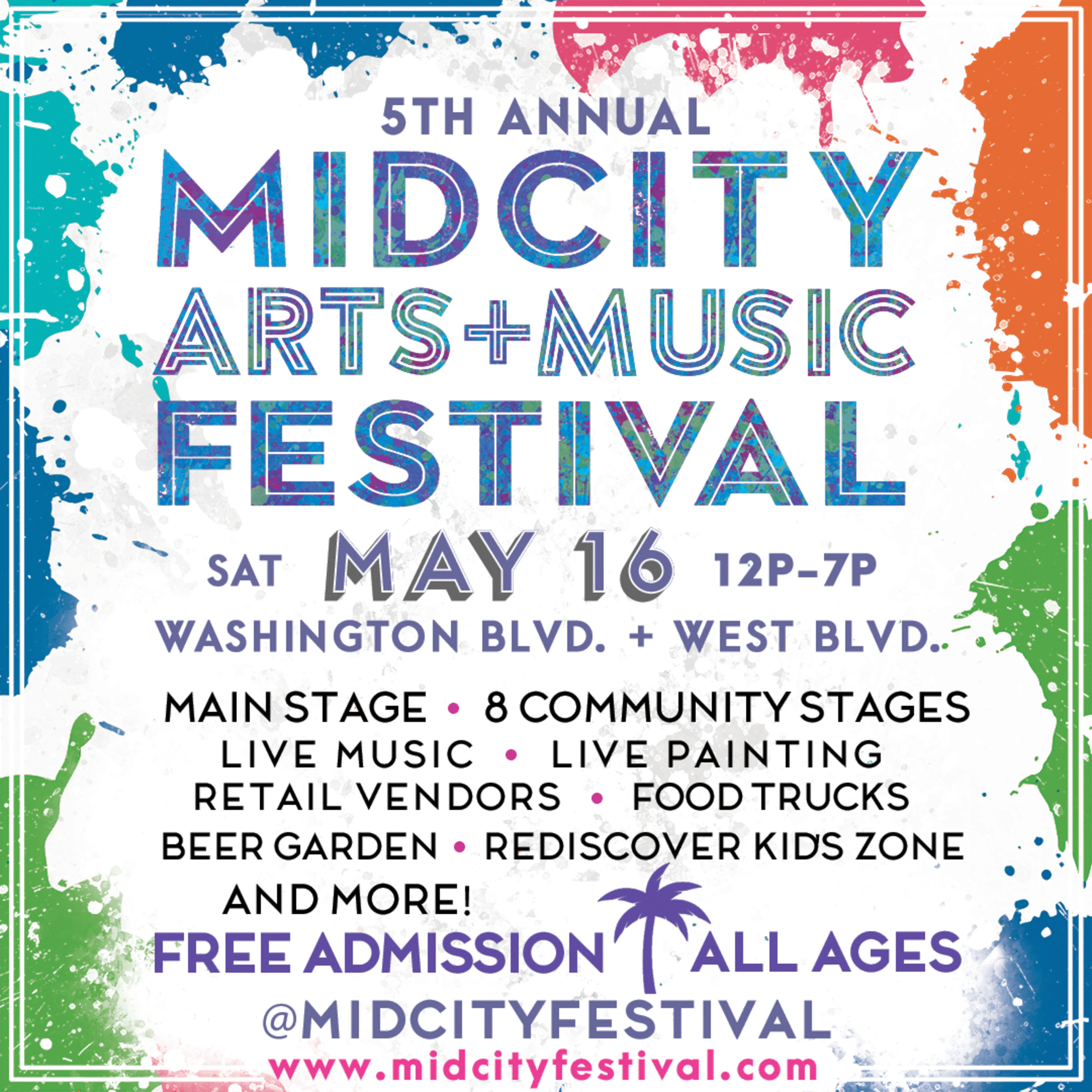 Colorful flyer for the 5th Annual MidCity Arts and Music Festival on May 16, 12PM-7PM, free admission, all ages.