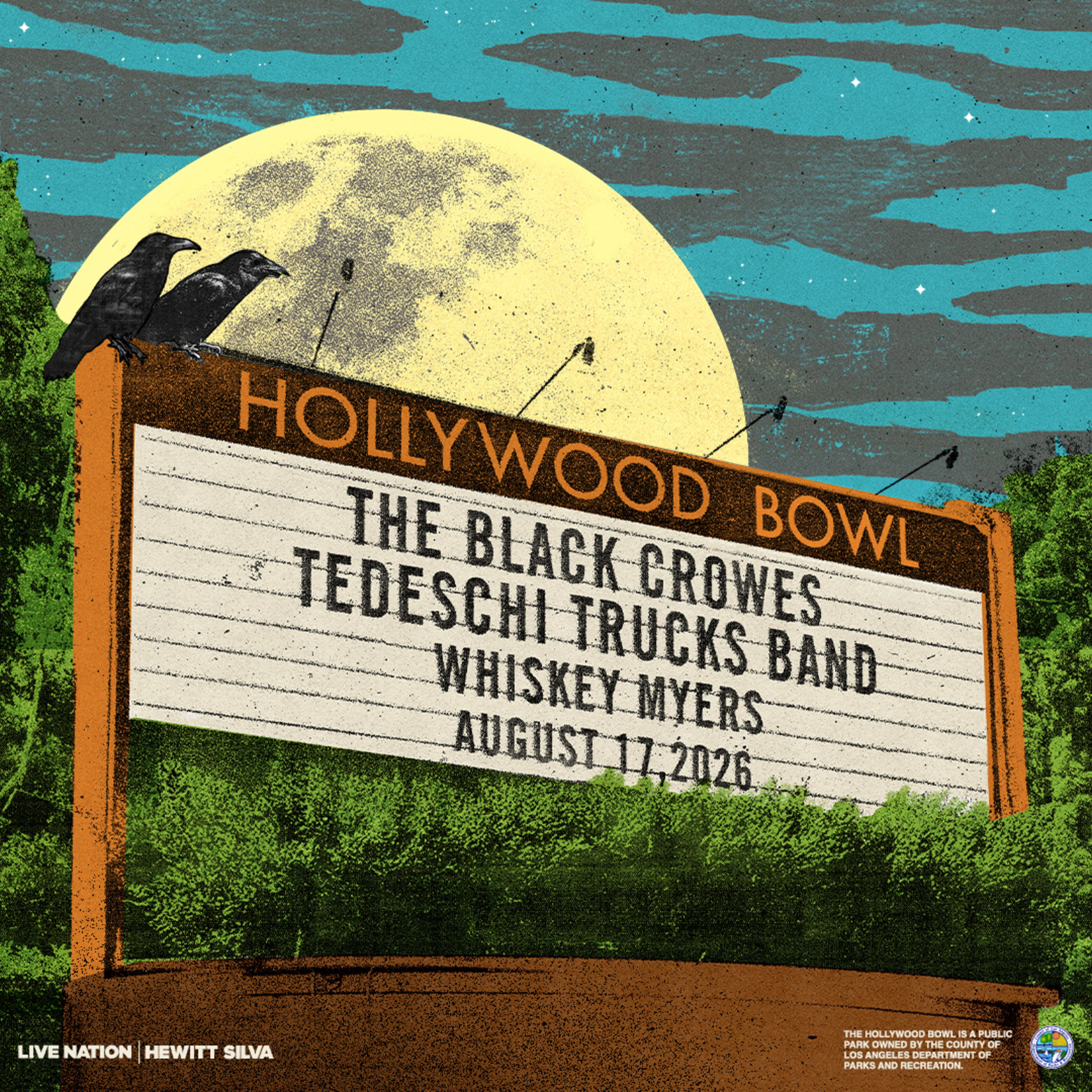 Hollywood Bowl marquee sign at night with full moon, listing The Black Crowes, Tedeschi Trucks Band, Whiskey Myers, August 17, 2026.